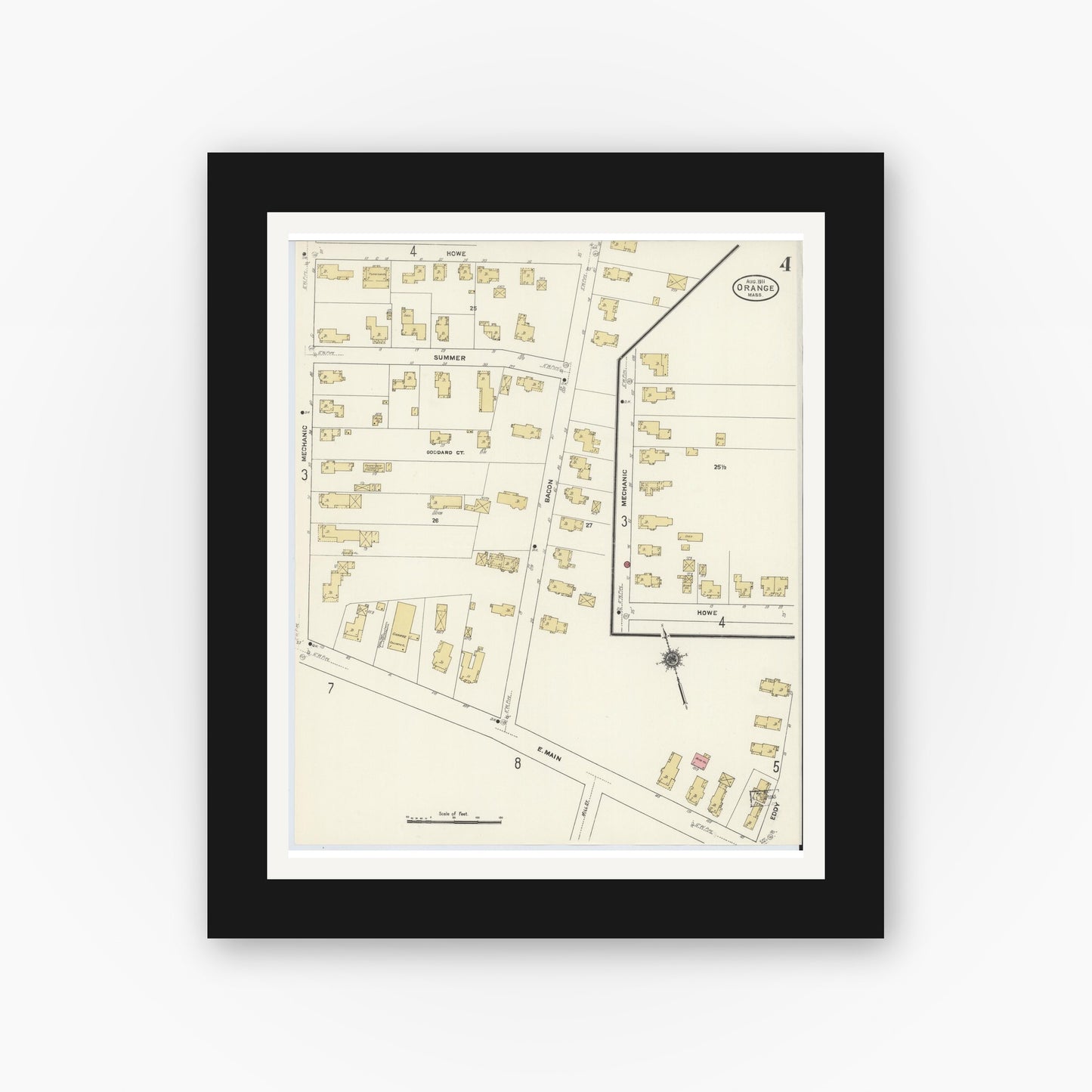 Old map wall art mockup — black gallery frame with white mat — Sanborn Fire Insurance Map from Orange, Franklin County, Massachusetts (1911), Sheet #0004