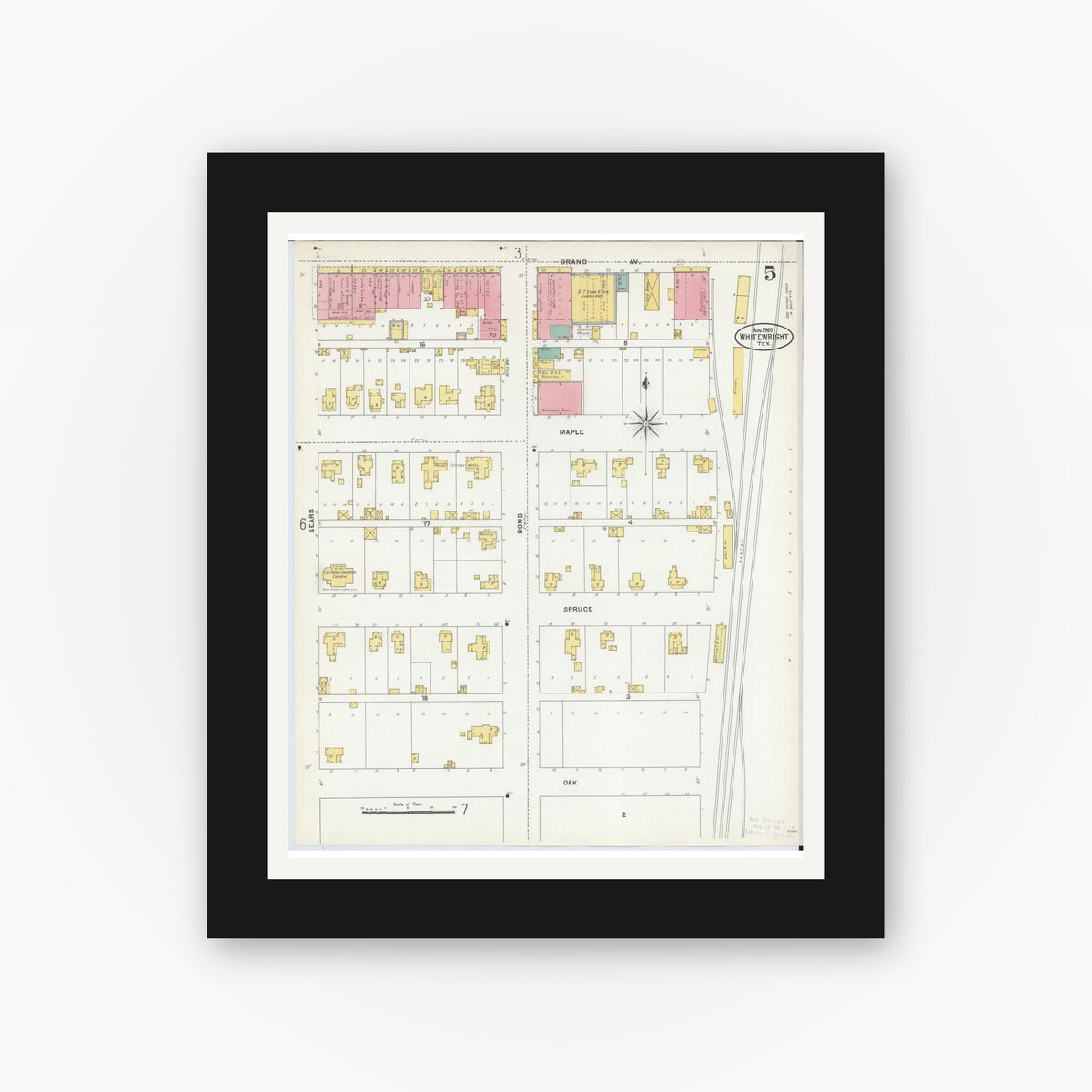 Old map wall art mockup — black gallery frame with white mat — Sanborn Fire Insurance Map from Whitewright, Grayson County, Texas (1905), Sheet #0005