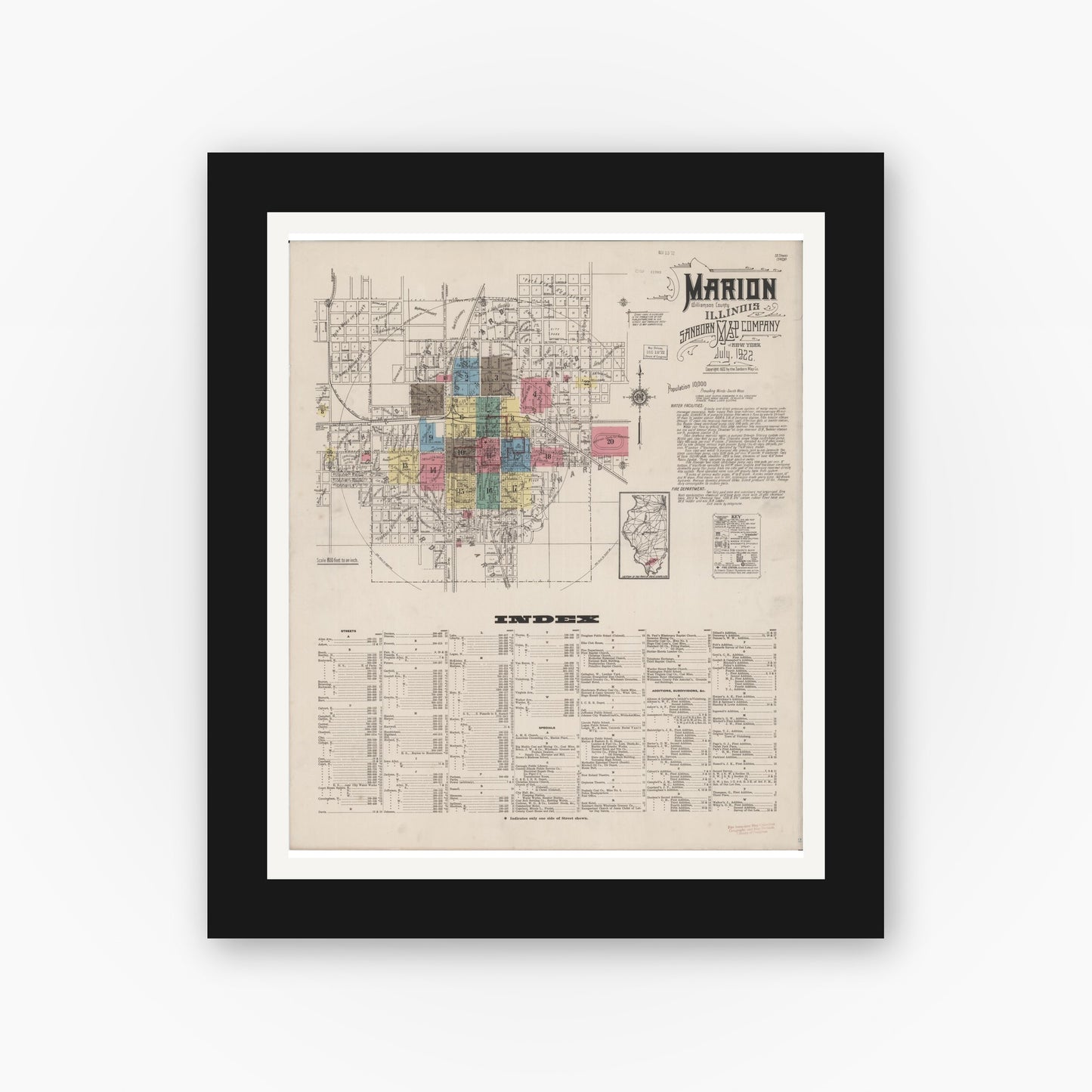 Old map wall art mockup — black gallery frame with white mat — Sanborn Fire Insurance Map from Marion, Williamson County, Illinois (1922), Sheet #0001