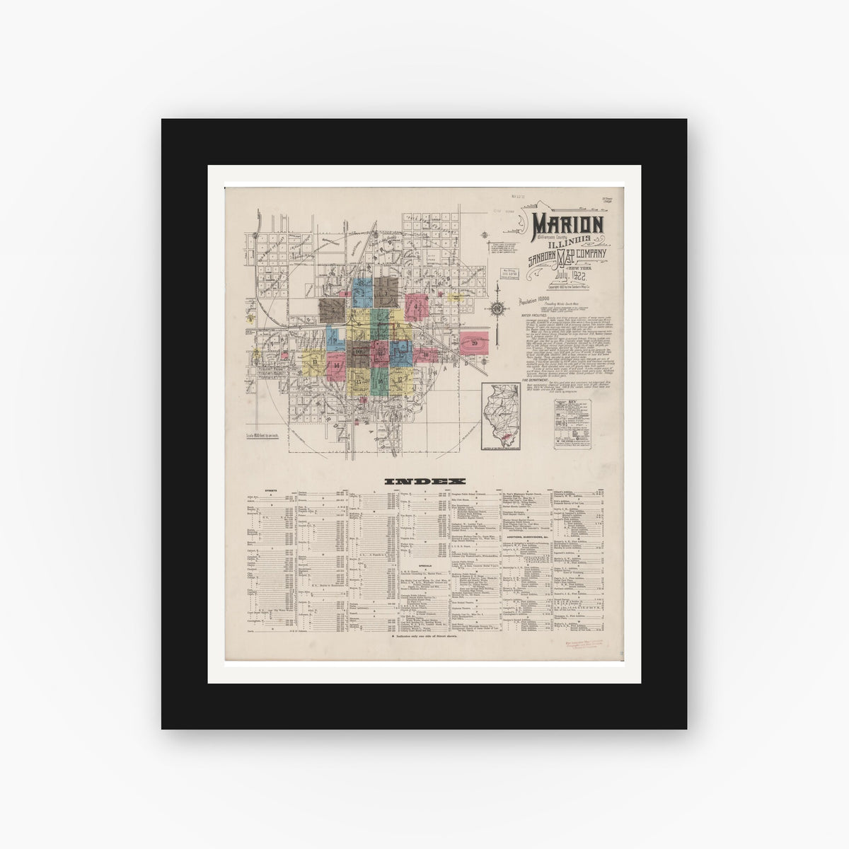 Old map wall art mockup — black gallery frame with white mat — Sanborn Fire Insurance Map from Marion, Williamson County, Illinois (1922), Sheet #0001