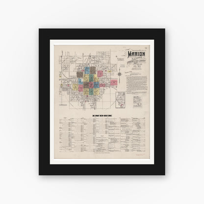 Old map wall art mockup — black gallery frame with white mat — Sanborn Fire Insurance Map from Marion, Williamson County, Illinois (1922), Sheet #0001
