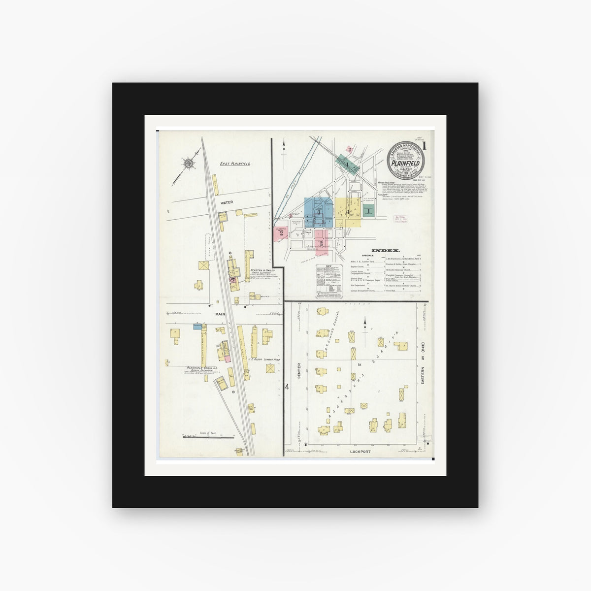 Old map wall art mockup — black gallery frame with white mat — Sanborn Fire Insurance Map from Plainfield, Will County, Illinois (1912), Sheet #0001