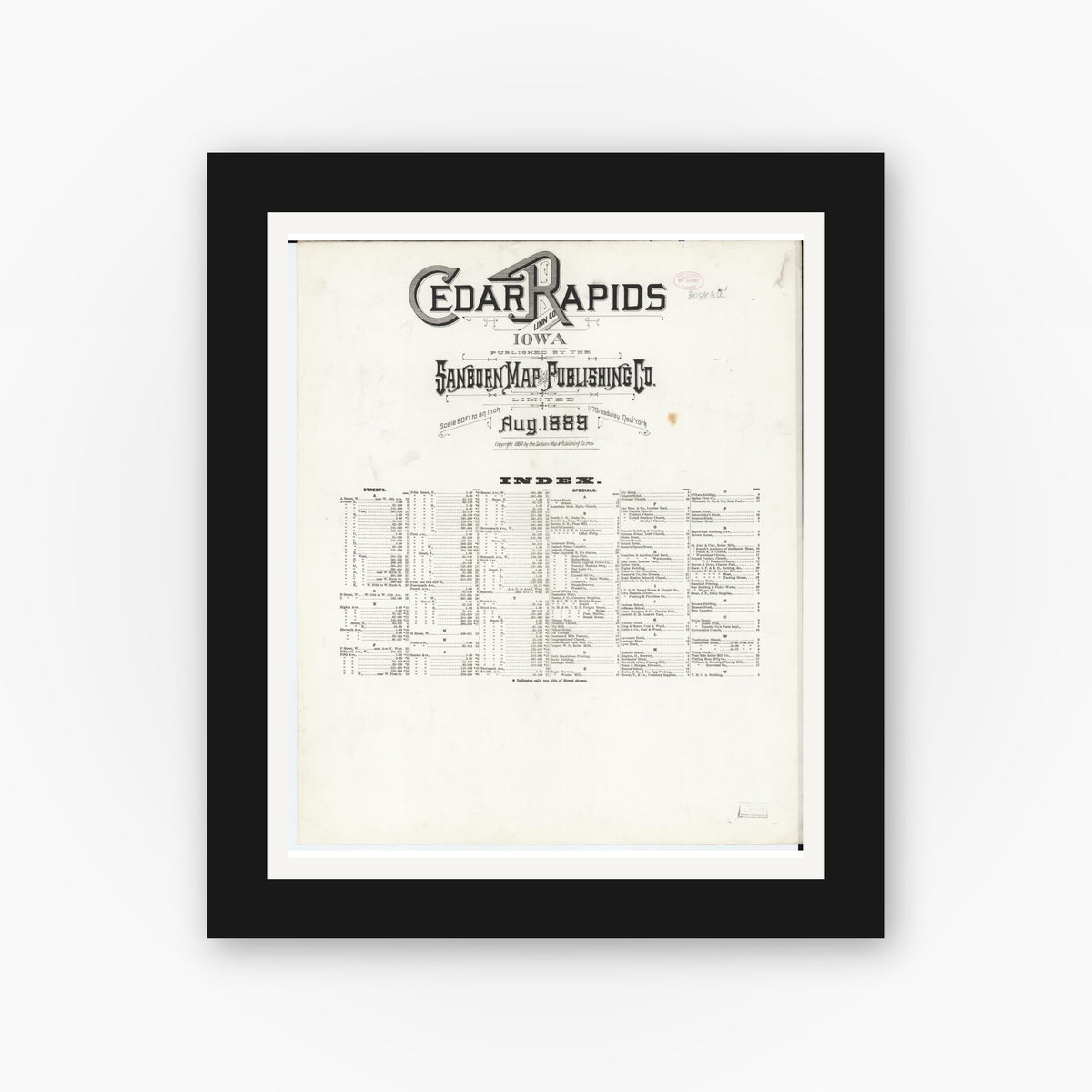 Old map wall art mockup — black gallery frame with white mat — Sanborn Fire Insurance Map from Cedar Rapids, Linn County, Iowa (1889), Sheet #0001