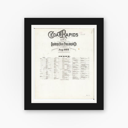 Old map wall art mockup — black gallery frame with white mat — Sanborn Fire Insurance Map from Cedar Rapids, Linn County, Iowa (1889), Sheet #0001