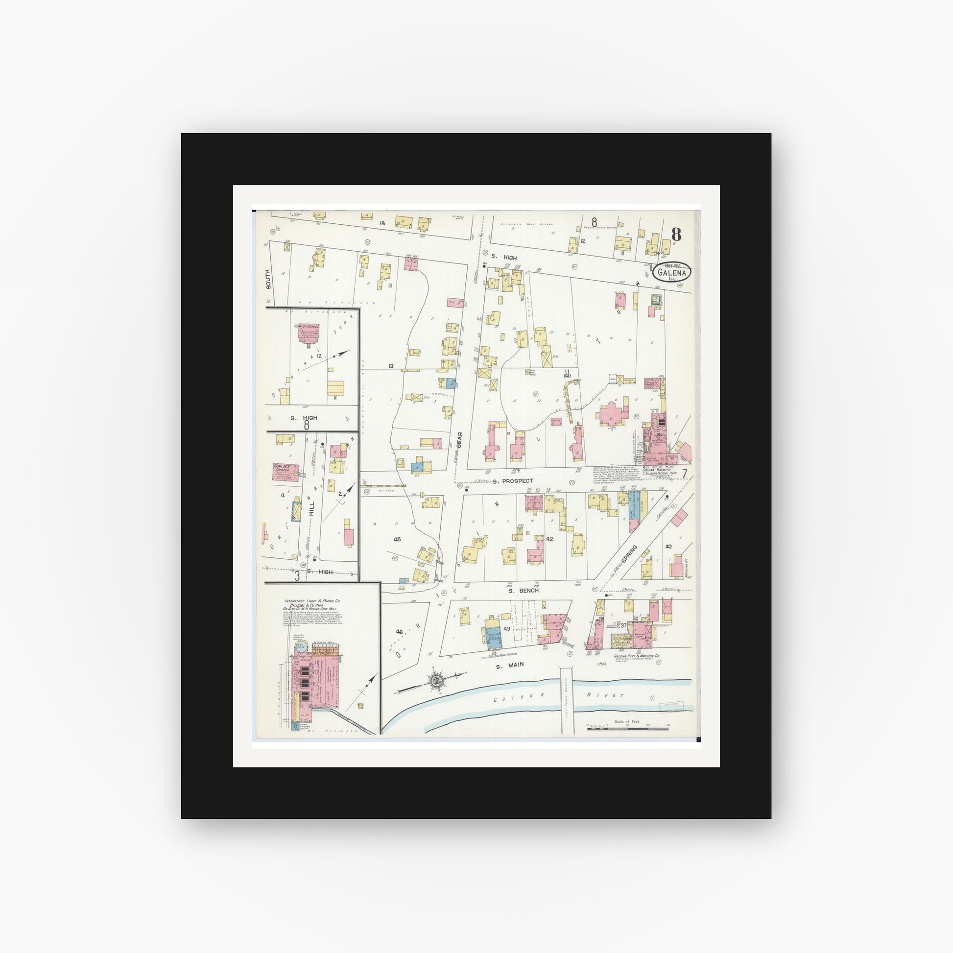 Old map wall art mockup — black gallery frame with white mat — Sanborn Fire Insurance Map from Galena, Jo Daviess County, Illinois (1912), Sheet #0008
