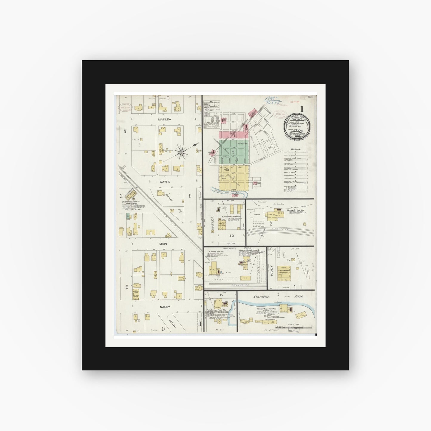 Old map wall art mockup — black gallery frame with white mat — Sanborn Fire Insurance Map from Warren, Huntington County, Indiana (1898) - Complete Map Set
