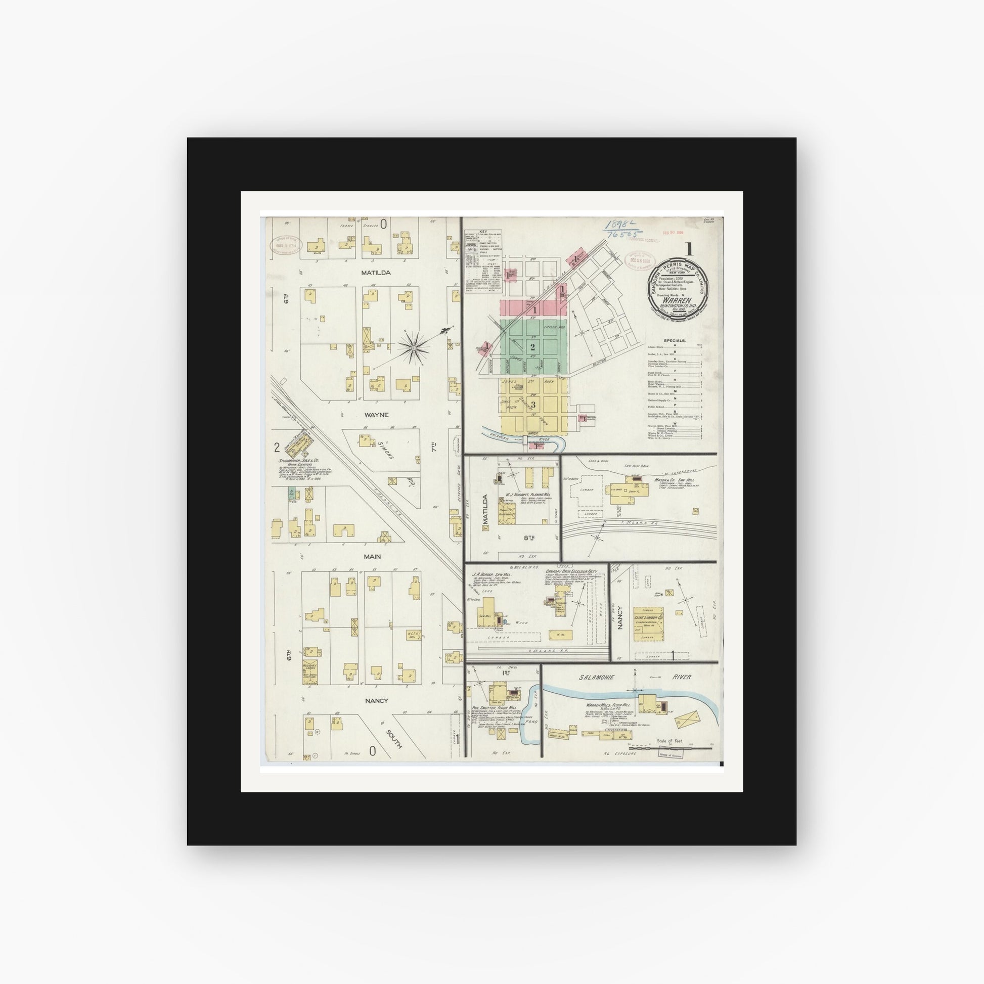 Old map wall art mockup — black gallery frame with white mat — Sanborn Fire Insurance Map from Warren, Huntington County, Indiana (1898) - Complete Map Set