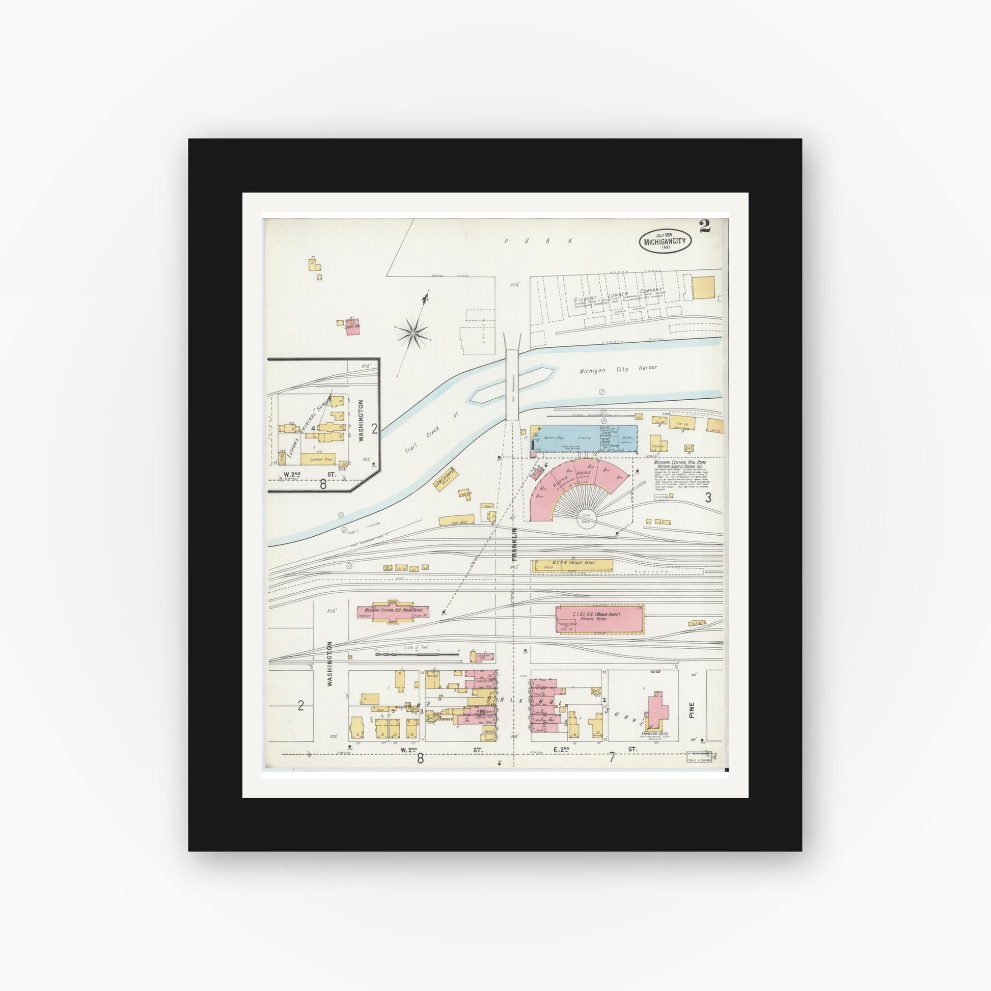 Old map wall art mockup — black gallery frame with white mat — Sanborn Fire Insurance Map from Michigan City, La Porte County, Indiana (1899), Sheet #0002