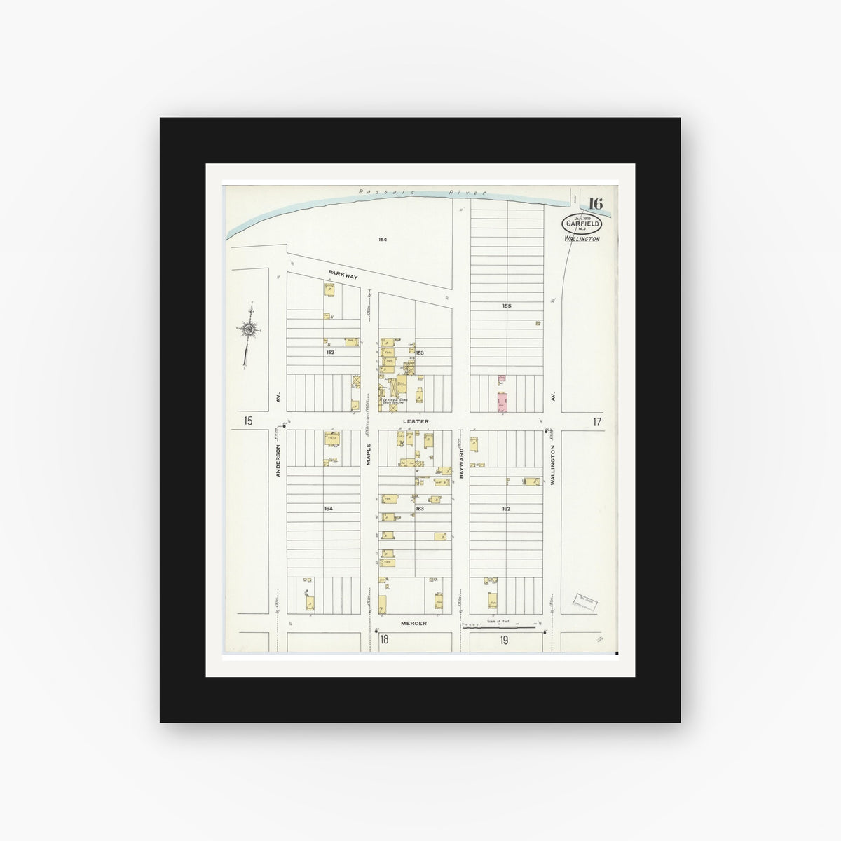 Old map wall art mockup — black gallery frame with white mat — Sanborn Fire Insurance Map from Garfield, Bergen County, New Jersey (1910), Sheet #0016