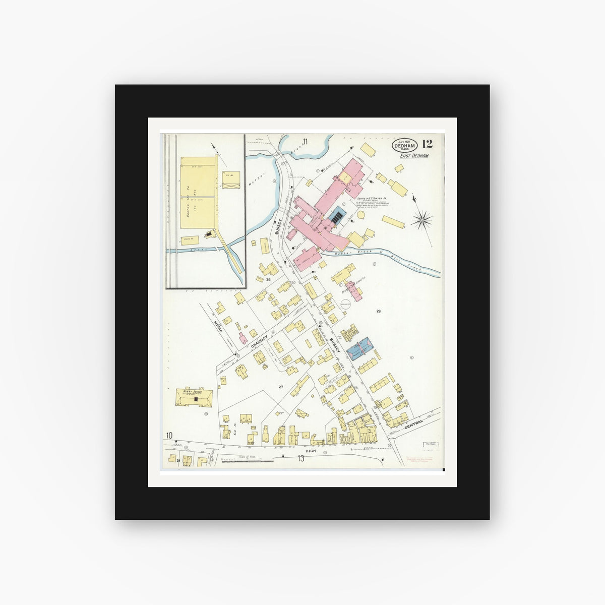 Old map wall art mockup — black gallery frame with white mat — Sanborn Fire Insurance Map from Dedham, Norfolk County, Massachusetts (1909), Sheet #0012
