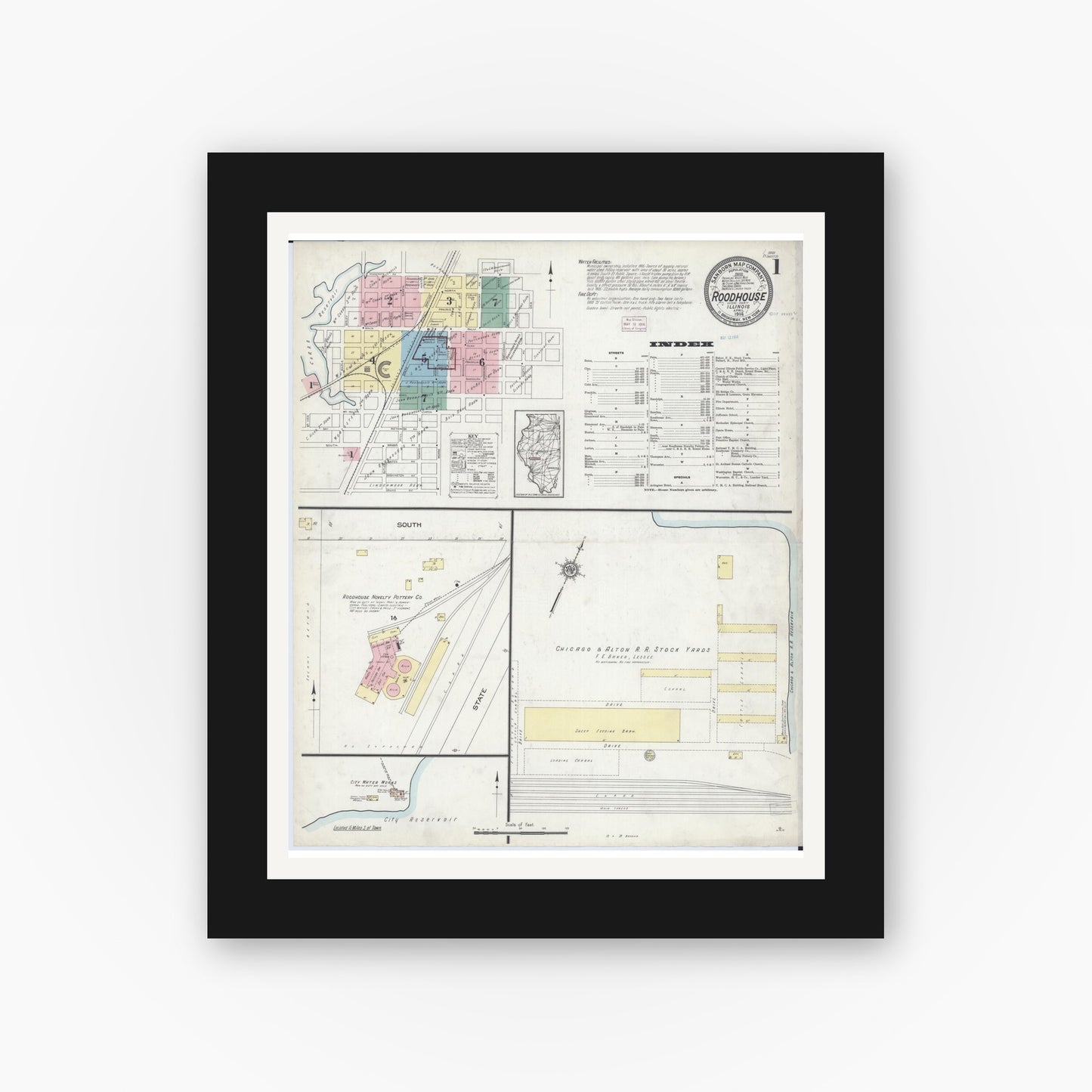Old map wall art mockup — black gallery frame with white mat — Sanborn Fire Insurance Map from Roodhouse, Greene County, Illinois (1914) - Complete Map Set