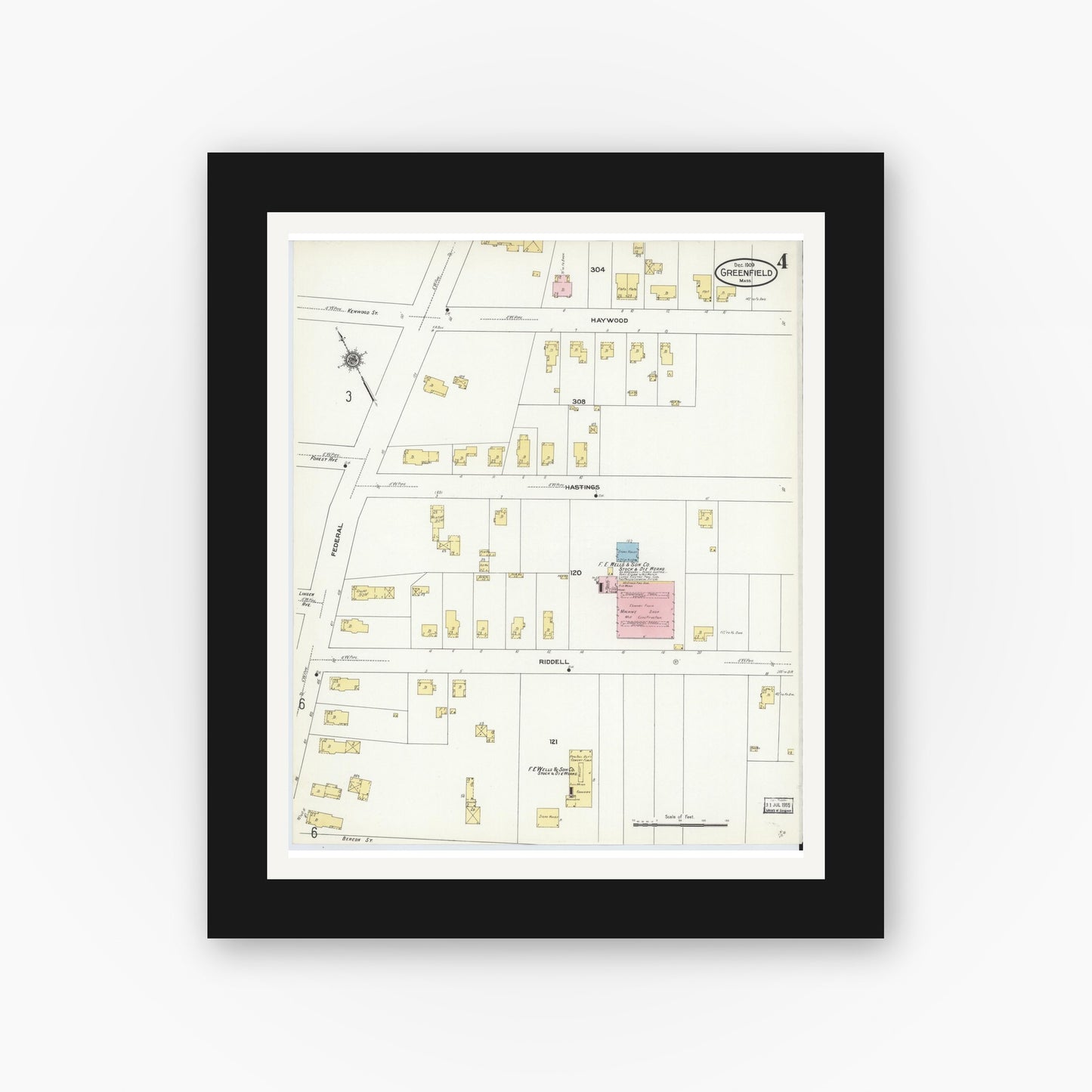 Old map wall art mockup — black gallery frame with white mat — Sanborn Fire Insurance Map from Greenfield, Franklin County, Massachusetts (1909), Sheet #0004