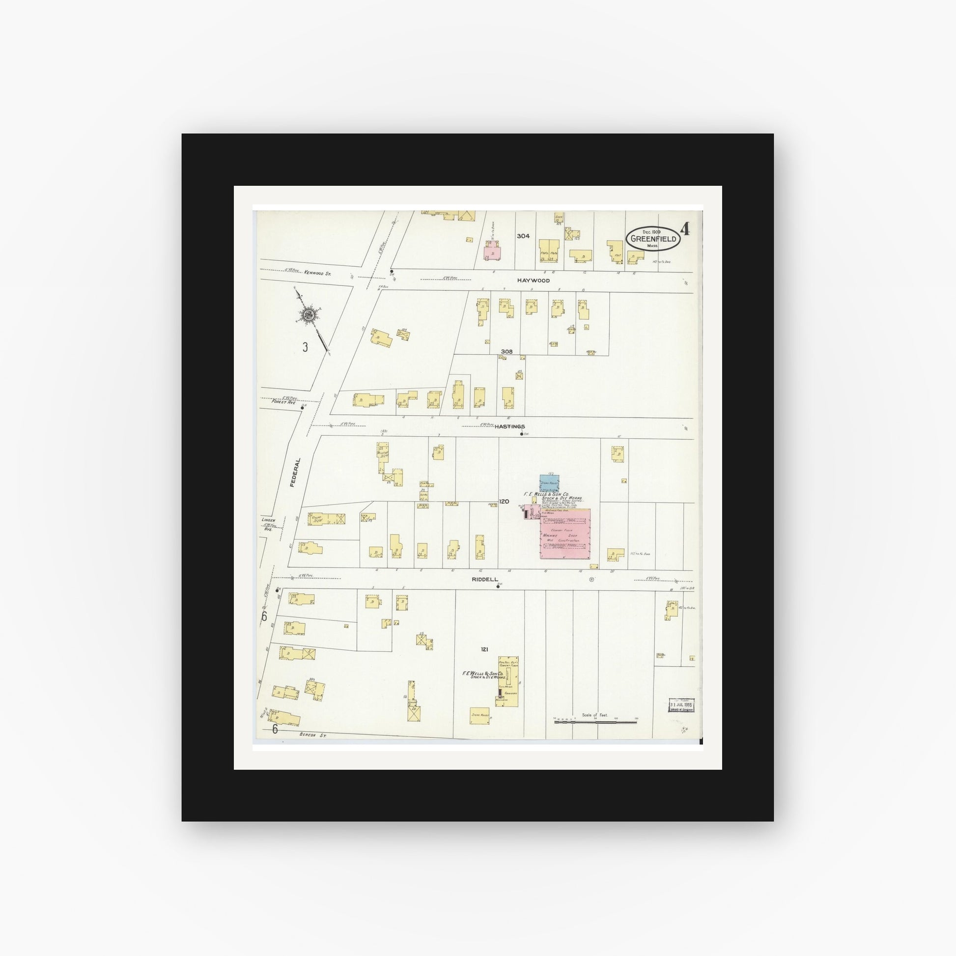 Old map wall art mockup — black gallery frame with white mat — Sanborn Fire Insurance Map from Greenfield, Franklin County, Massachusetts (1909), Sheet #0004