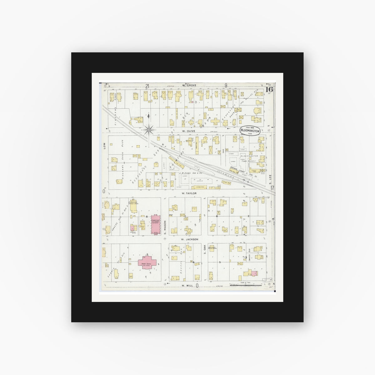 Old map wall art mockup — black gallery frame with white mat — Sanborn Fire Insurance Map from Bloomington, McLean County, Illinois (1896), Sheet #0016