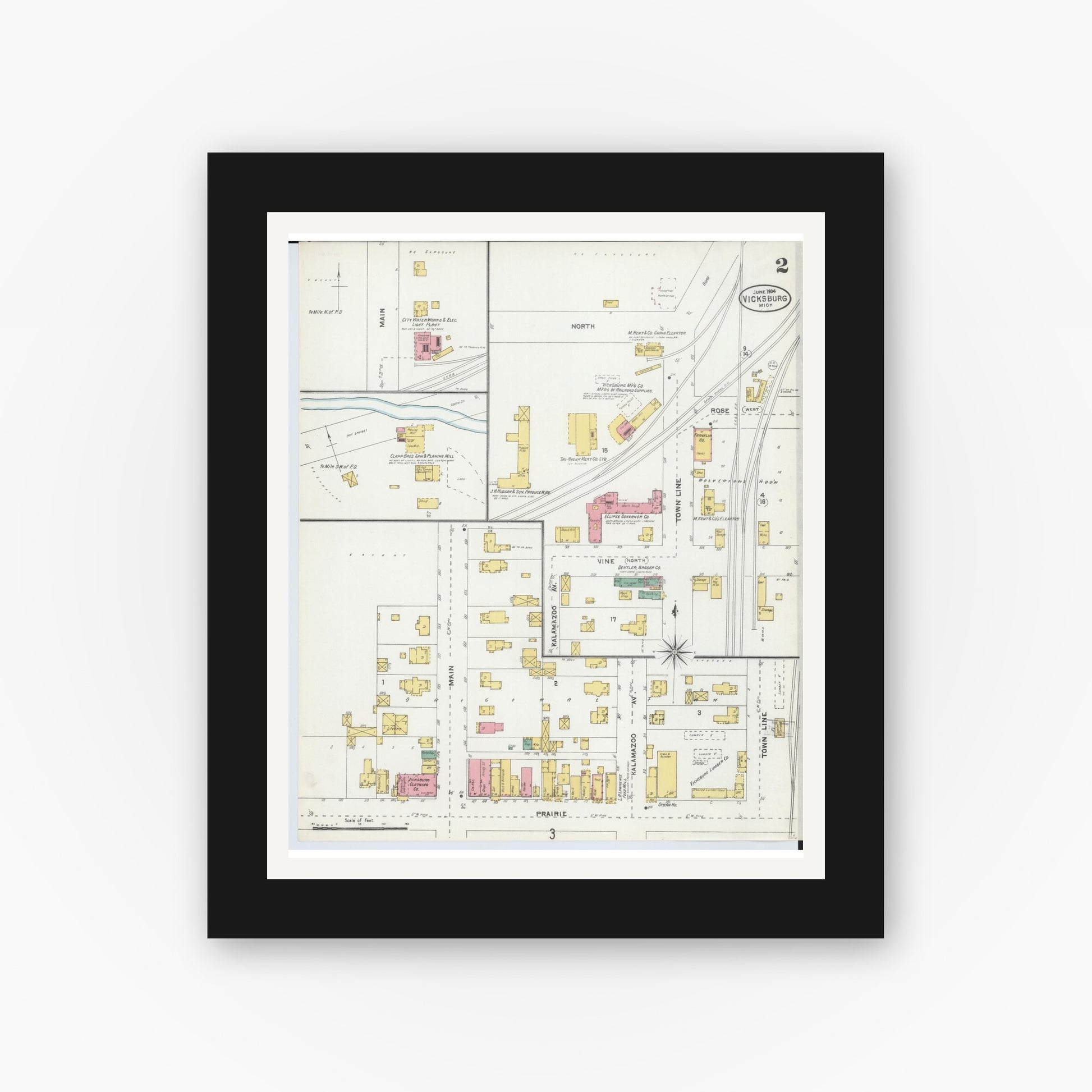 Old map wall art mockup — black gallery frame with white mat — Sanborn Fire Insurance Map from Vicksburg, Kalamazoo County, Michigan (1904), Sheet #0002