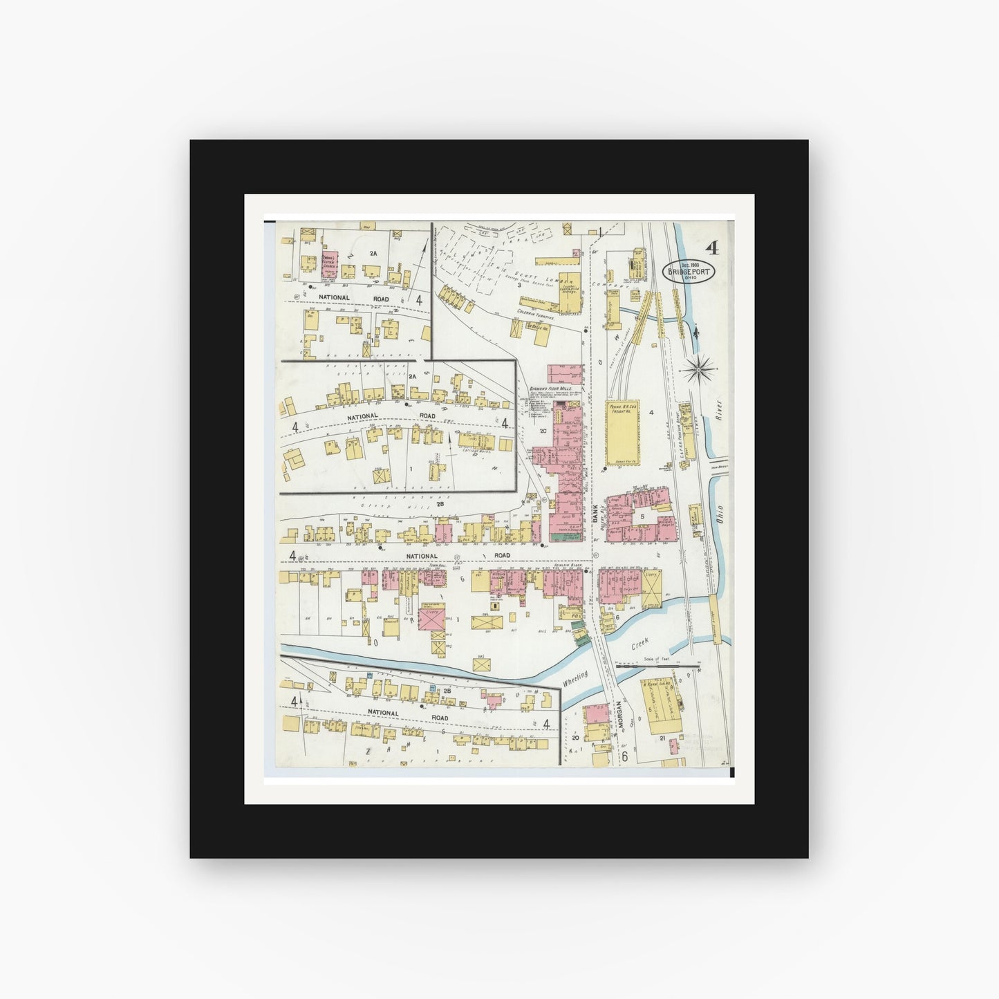 Old map wall art mockup — black gallery frame with white mat — Sanborn Fire Insurance Map from Bridgeport, Belmont County, Ohio (1903), Sheet #0004
