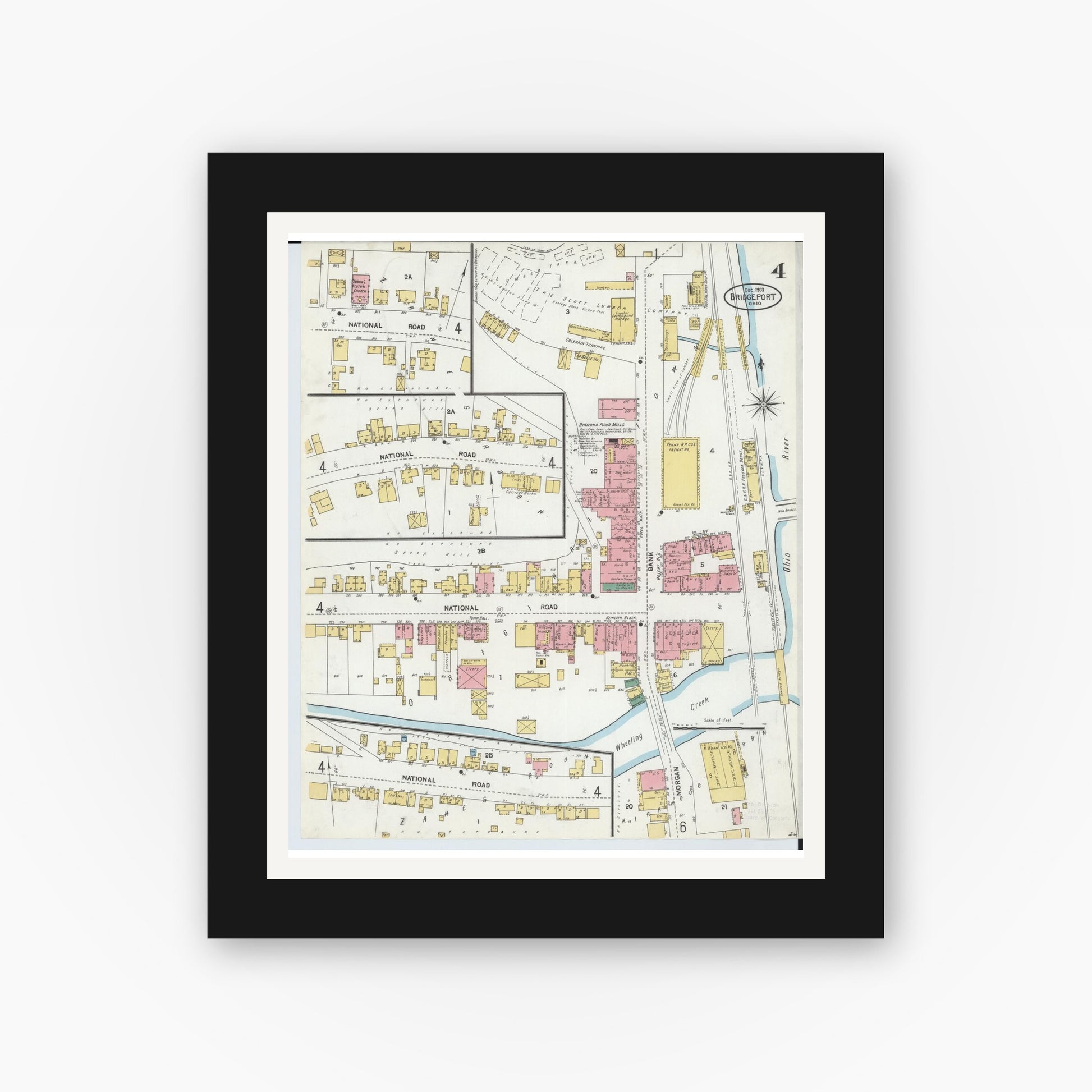 Old map wall art mockup — black gallery frame with white mat — Sanborn Fire Insurance Map from Bridgeport, Belmont County, Ohio (1903), Sheet #0004