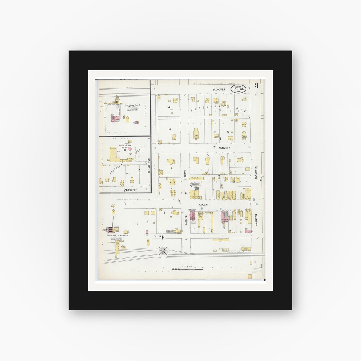 Old map wall art mockup — black gallery frame with white mat — Sanborn Fire Insurance Map from Colfax, McLean County, Illinois (1899), Sheet #0003