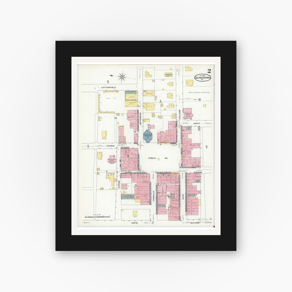 Old map wall art mockup — black gallery frame with white mat — Sanborn Fire Insurance Map from Sulphur Springs, Hopkins County, Texas (1909), Sheet #0002