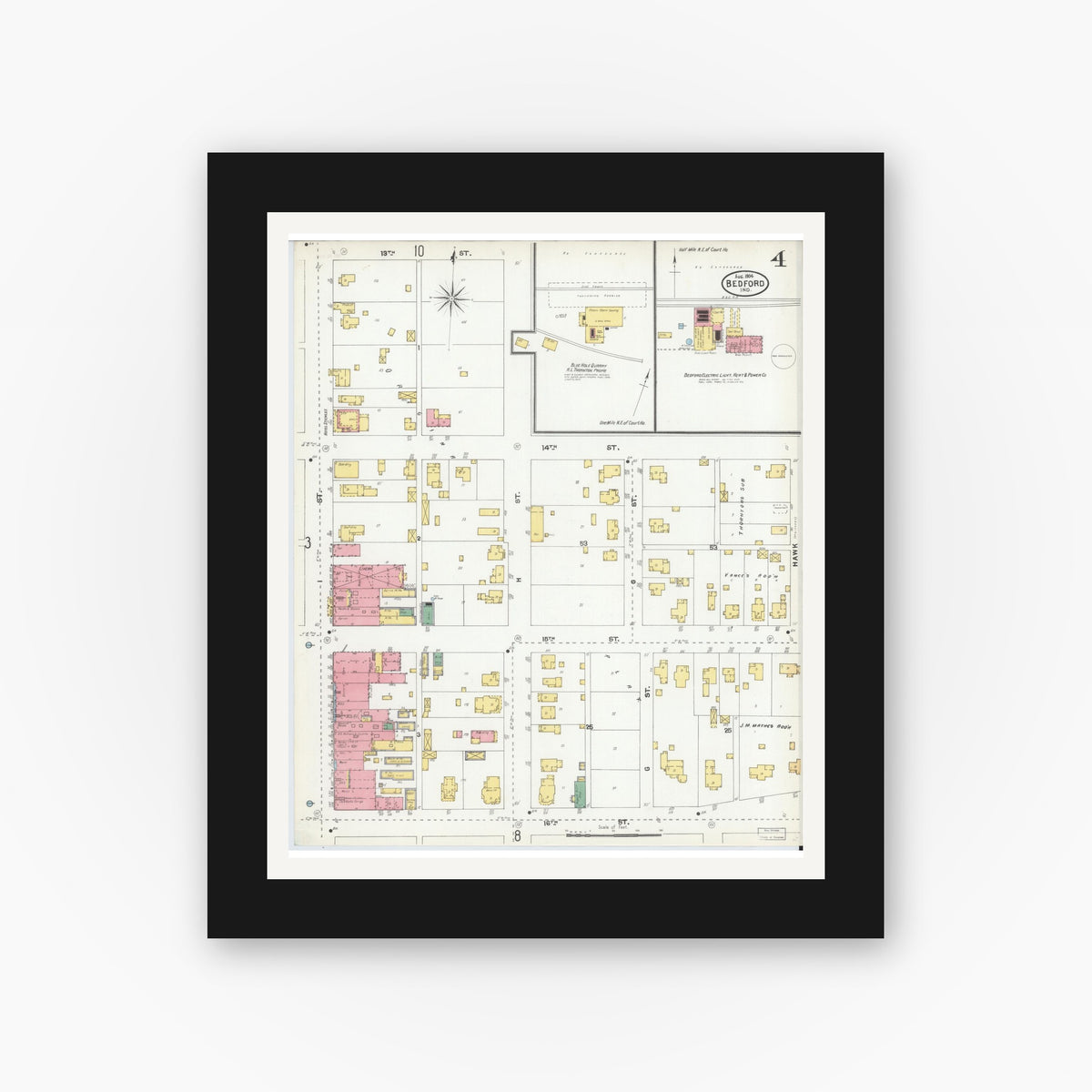 Old map wall art mockup — black gallery frame with white mat — Sanborn Fire Insurance Map from Bedford, Lawrence County, Indiana (1904), Sheet #0004