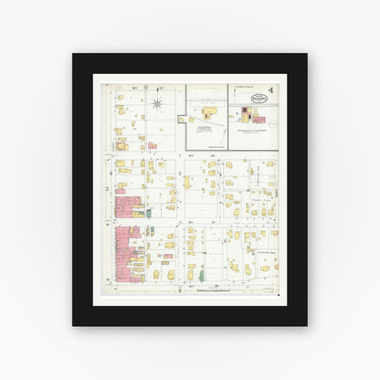 Old map wall art mockup — black gallery frame with white mat — Sanborn Fire Insurance Map from Bedford, Lawrence County, Indiana (1904), Sheet #0004