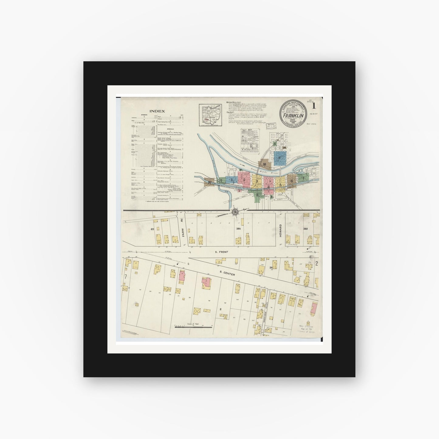 Old map wall art mockup — black gallery frame with white mat — Sanborn Fire Insurance Map from Franklin, Warren County, Ohio (1916) - Complete Map Set