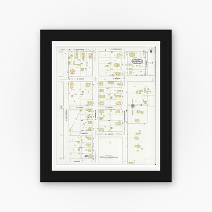 Old map wall art mockup — black gallery frame with white mat — Sanborn Fire Insurance Map from Bloomfield, Greene County, Indiana (1921), Sheet #0006