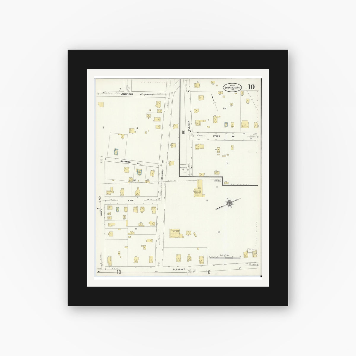 Old map wall art mockup — black gallery frame with white mat — Sanborn Fire Insurance Map from Monticello, Sullivan County, New York (1911), Sheet #0010