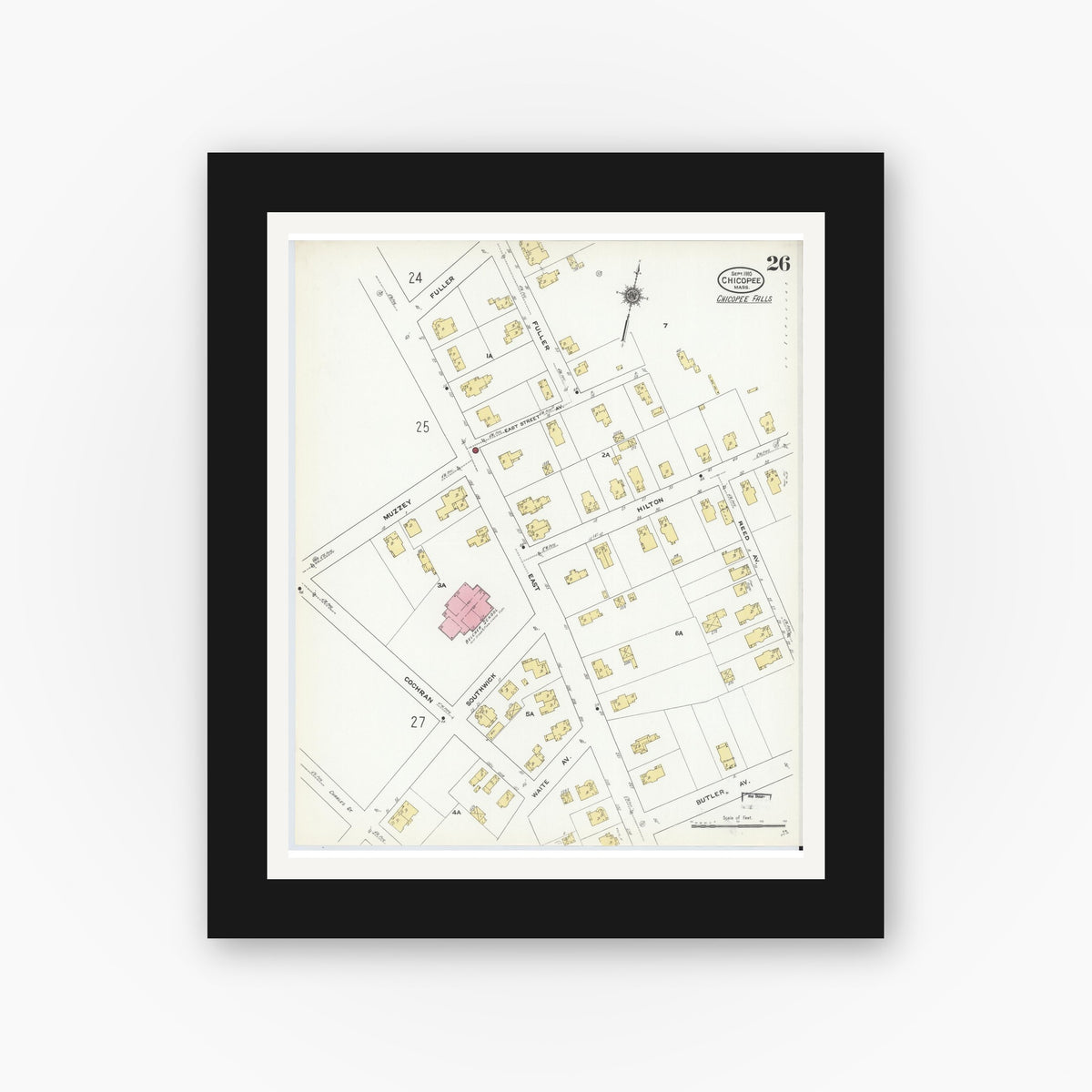Old map wall art mockup — black gallery frame with white mat — Sanborn Fire Insurance Map from Chicopee, Hampden County, Massachusetts (1910), Sheet #0026