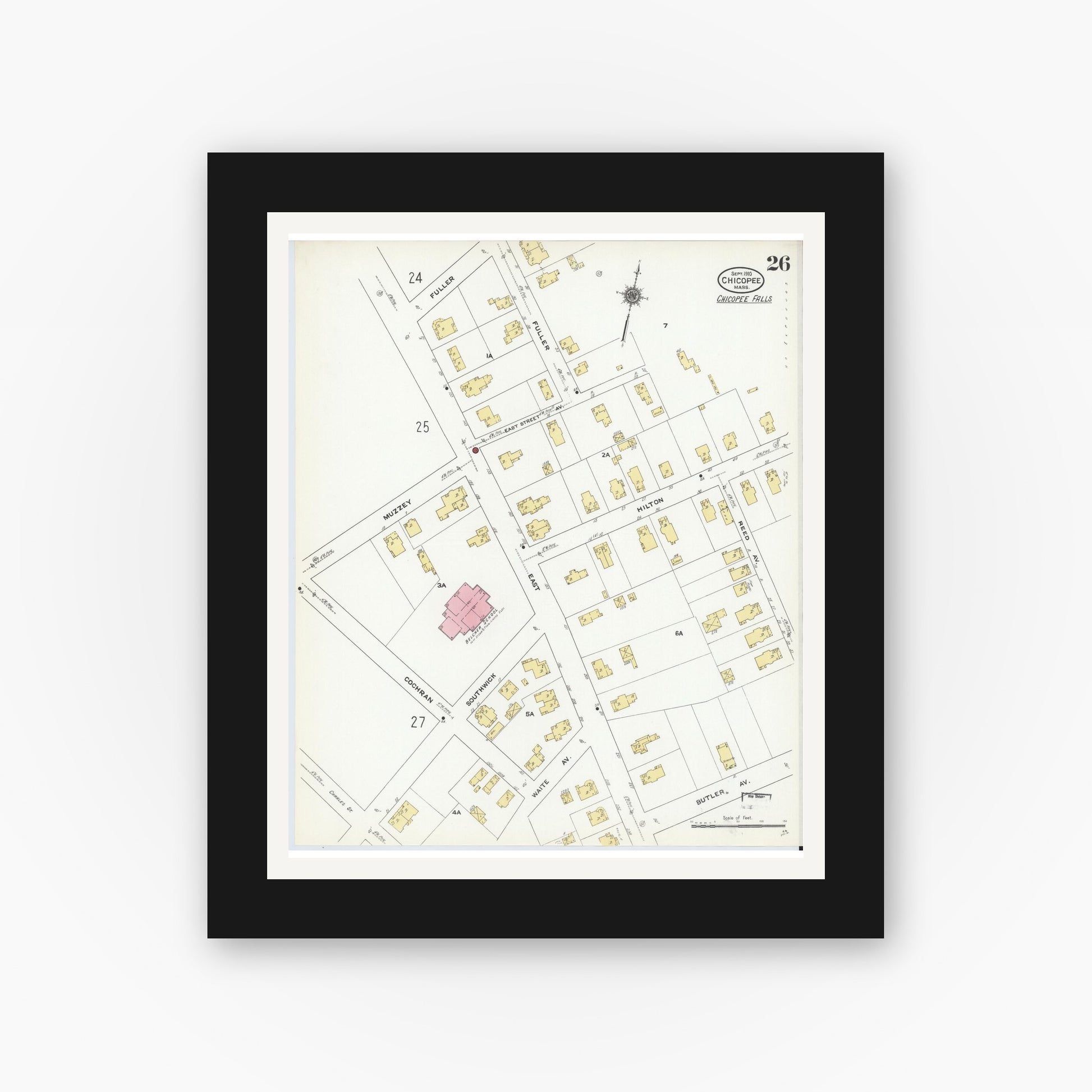 Old map wall art mockup — black gallery frame with white mat — Sanborn Fire Insurance Map from Chicopee, Hampden County, Massachusetts (1910), Sheet #0026
