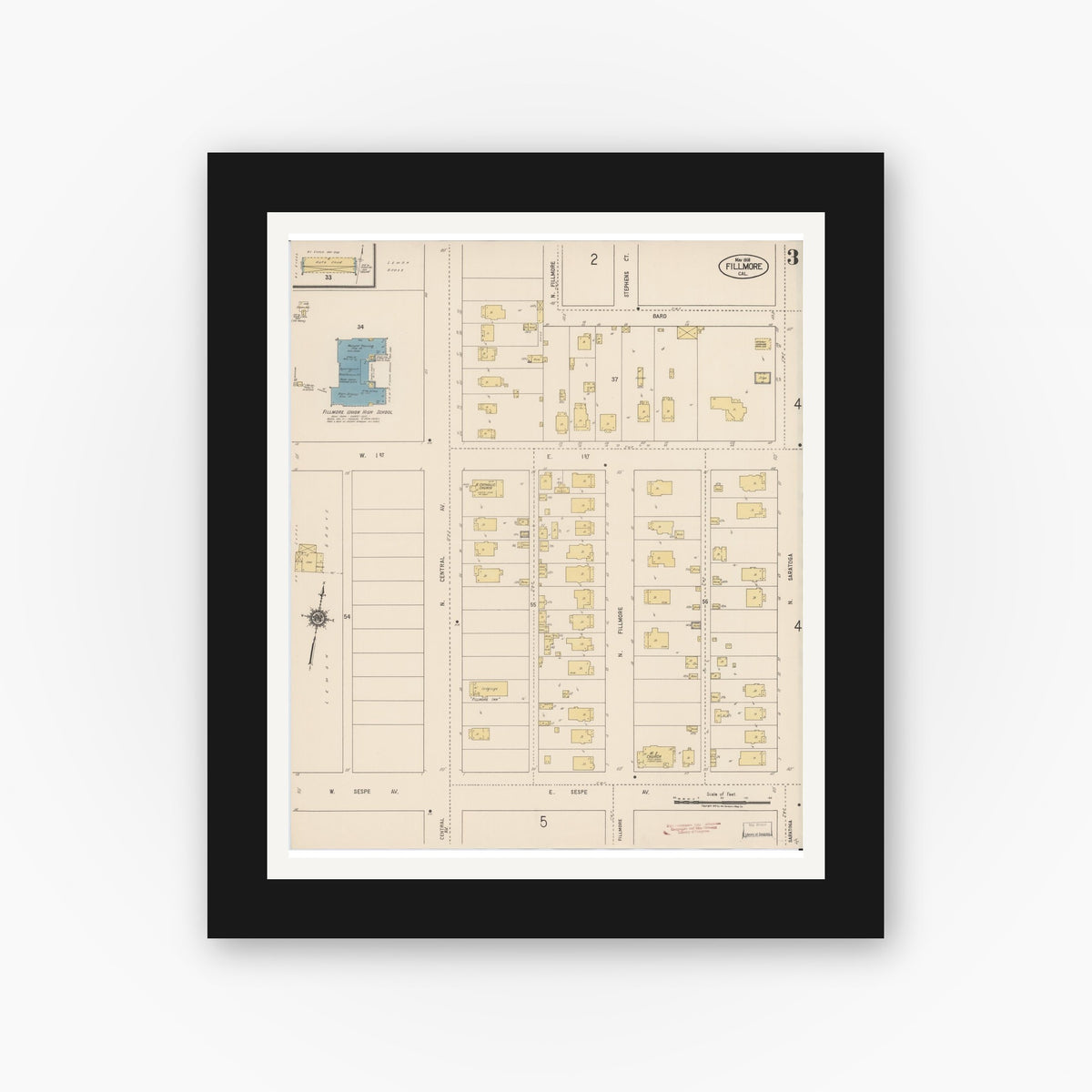 Old map wall art mockup — black gallery frame with white mat — Sanborn Fire Insurance Map from Fillmore, Ventura County, California (1918), Sheet #0003