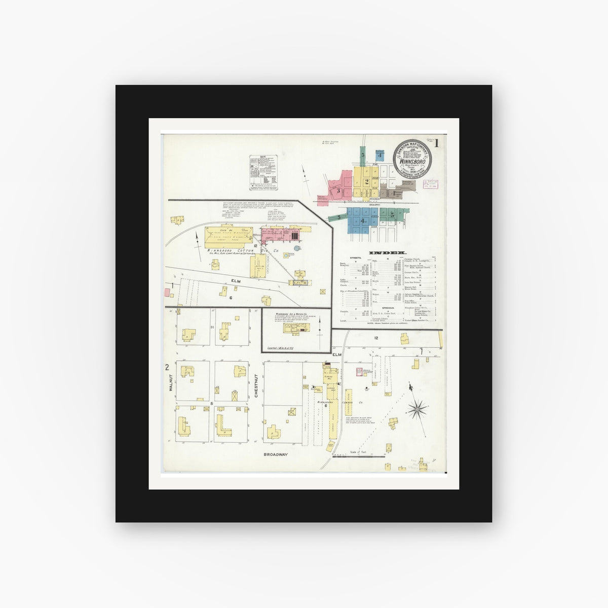 Old map wall art mockup — black gallery frame with white mat — Sanborn Fire Insurance Map from Winnsboro, Wood County, Texas (1909) - Complete Map Set