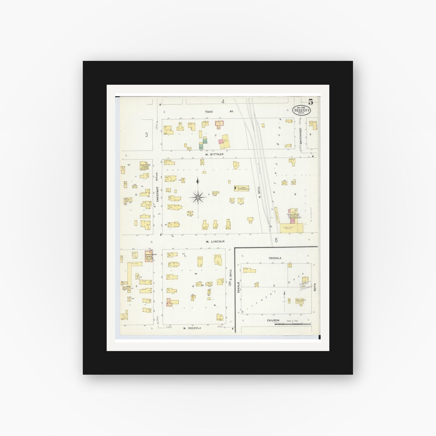 Old map wall art mockup — black gallery frame with white mat — Sanborn Fire Insurance Map from Reed City, Osceola County, Michigan (1908), Sheet #0005