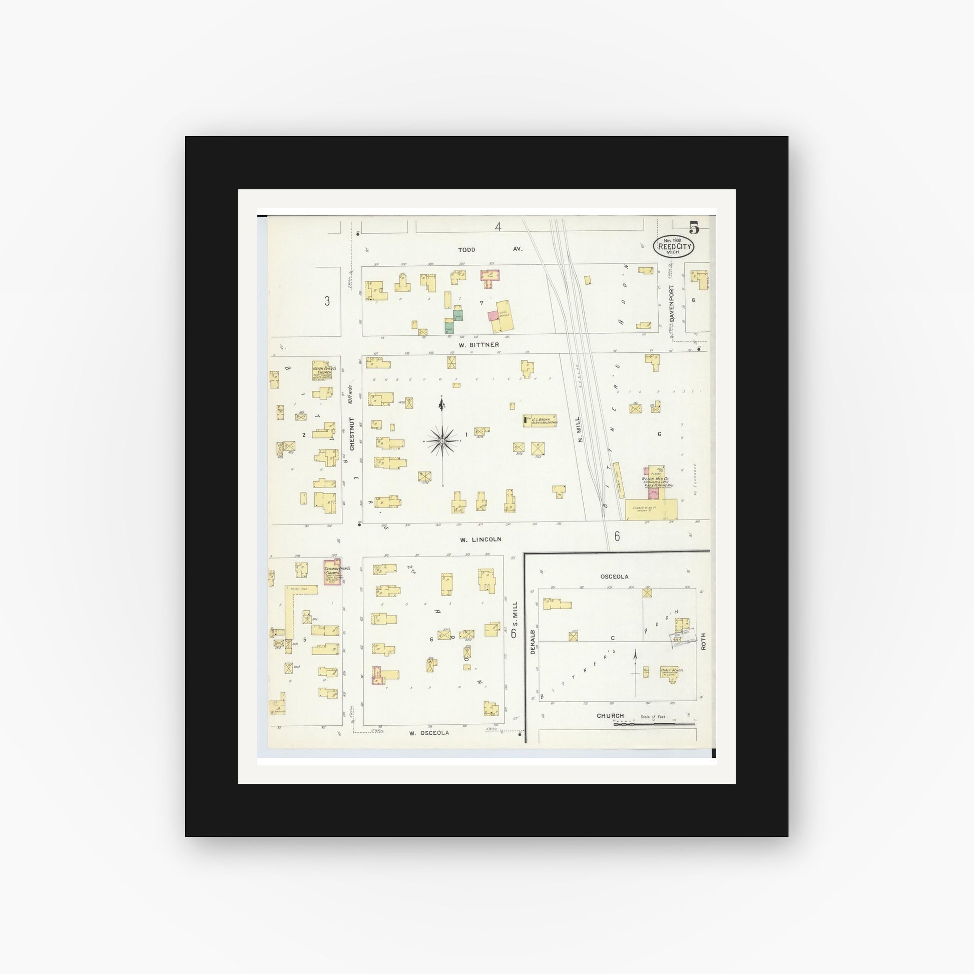 Old map wall art mockup — black gallery frame with white mat — Sanborn Fire Insurance Map from Reed City, Osceola County, Michigan (1908), Sheet #0005
