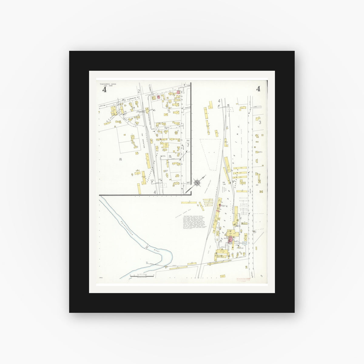 Old map wall art mockup — black gallery frame with white mat — Sanborn Fire Insurance Map from Townsend, Middlesex County, Massachusetts (1936), Sheet #0004