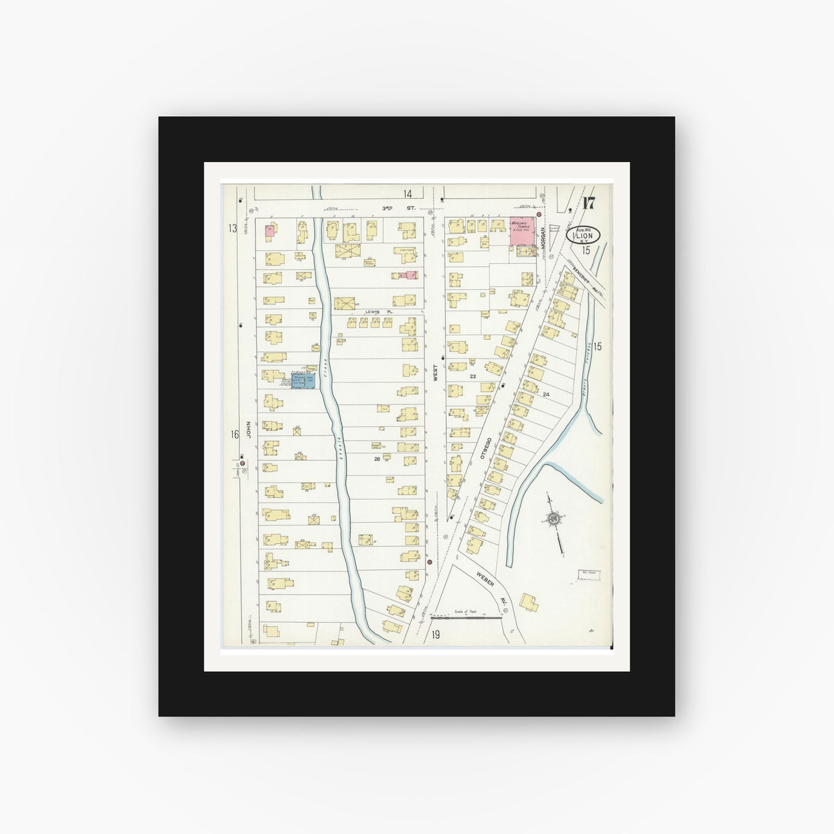 Old map wall art mockup — black gallery frame with white mat — Sanborn Fire Insurance Map from Ilion, Herkimer County, New York (1912), Sheet #0017