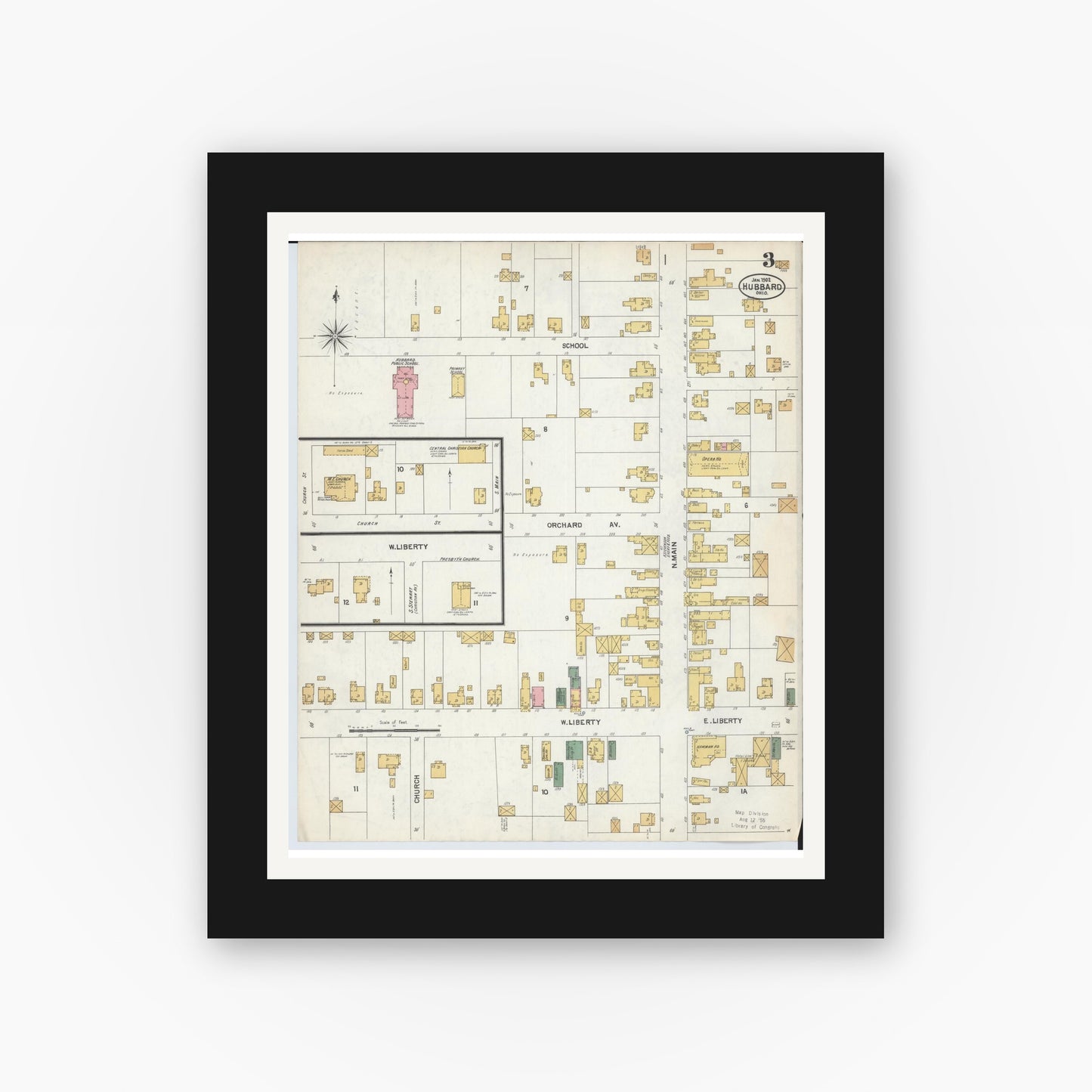 Old map wall art mockup — black gallery frame with white mat — Sanborn Fire Insurance Map from Hubbard, Trumbull County, Ohio (1902), Sheet #0003