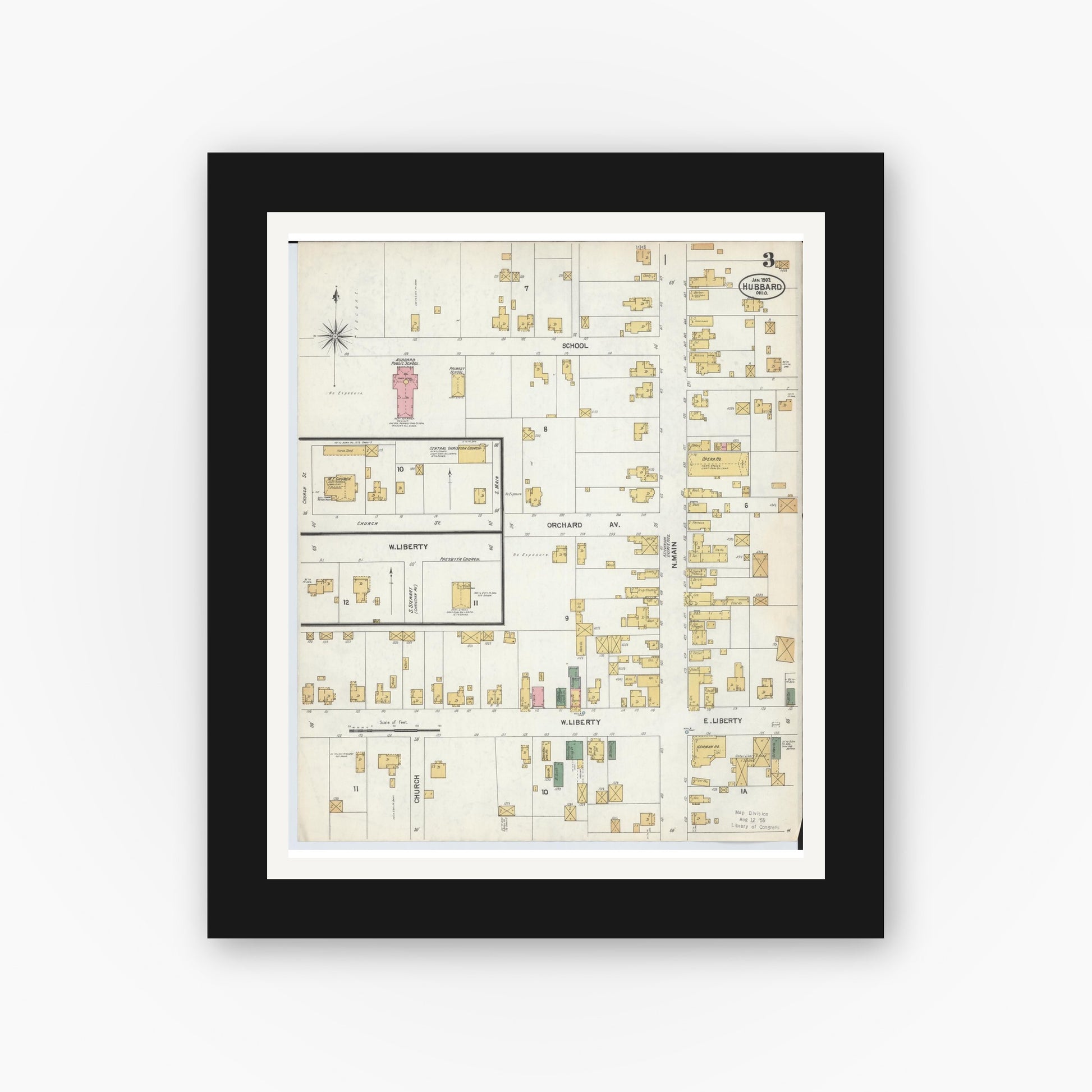 Old map wall art mockup — black gallery frame with white mat — Sanborn Fire Insurance Map from Hubbard, Trumbull County, Ohio (1902), Sheet #0003