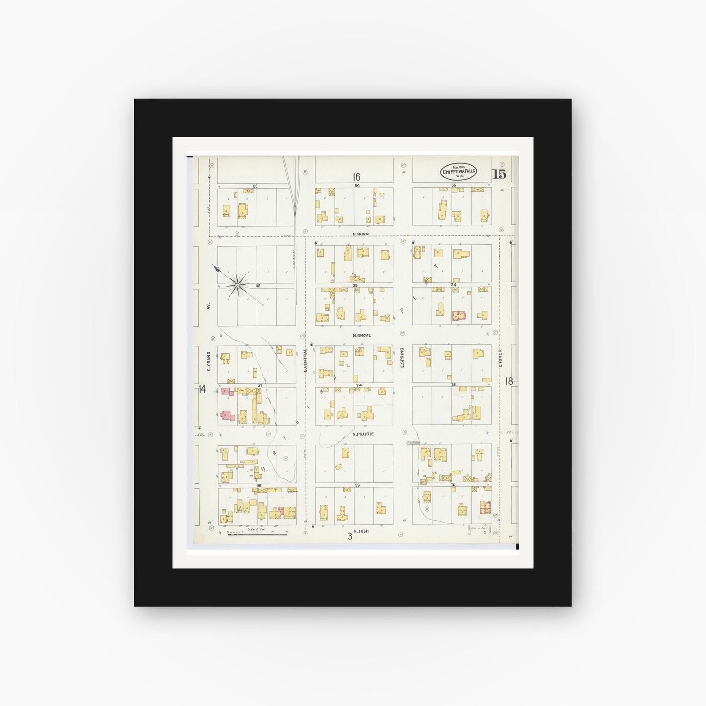 Old map wall art mockup — black gallery frame with white mat — Sanborn Fire Insurance Map from Chippewa Falls, Chippewa County, Wisconsin (1903), Sheet #0015