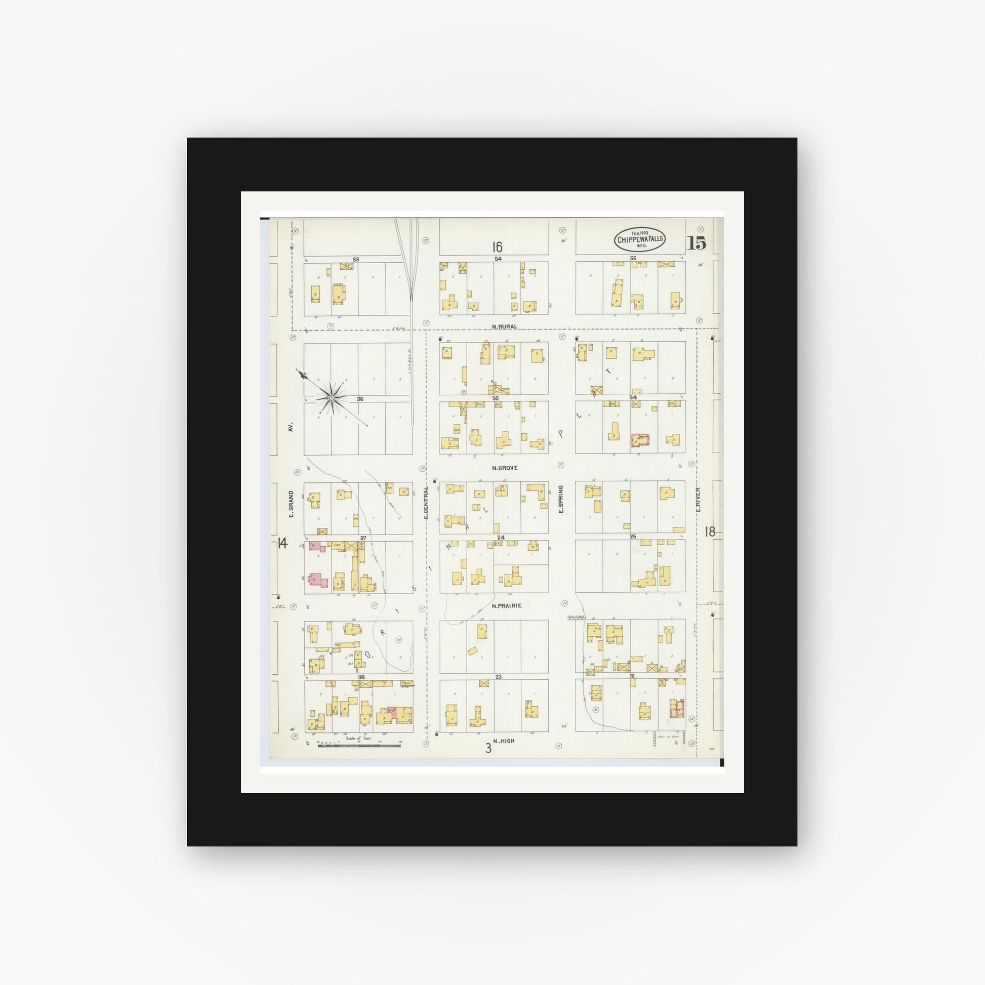 Old map wall art mockup — black gallery frame with white mat — Sanborn Fire Insurance Map from Chippewa Falls, Chippewa County, Wisconsin (1903), Sheet #0015