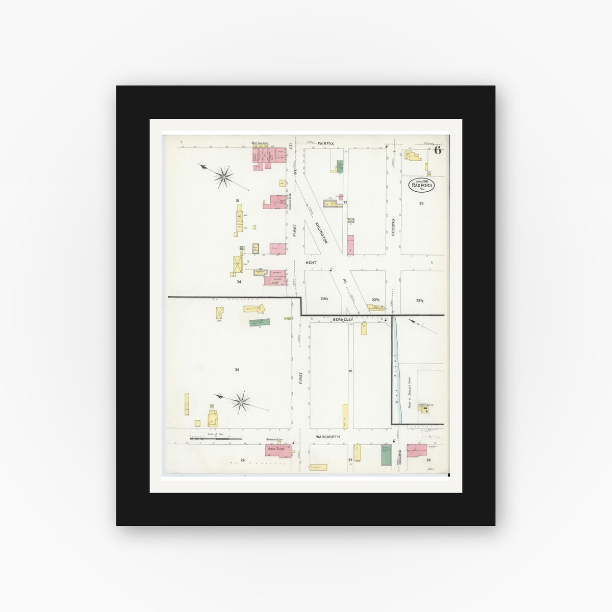 Old map wall art mockup — black gallery frame with white mat — Sanborn Fire Insurance Map from Radford, Independent Cities, Virginia (1908), Sheet #0006