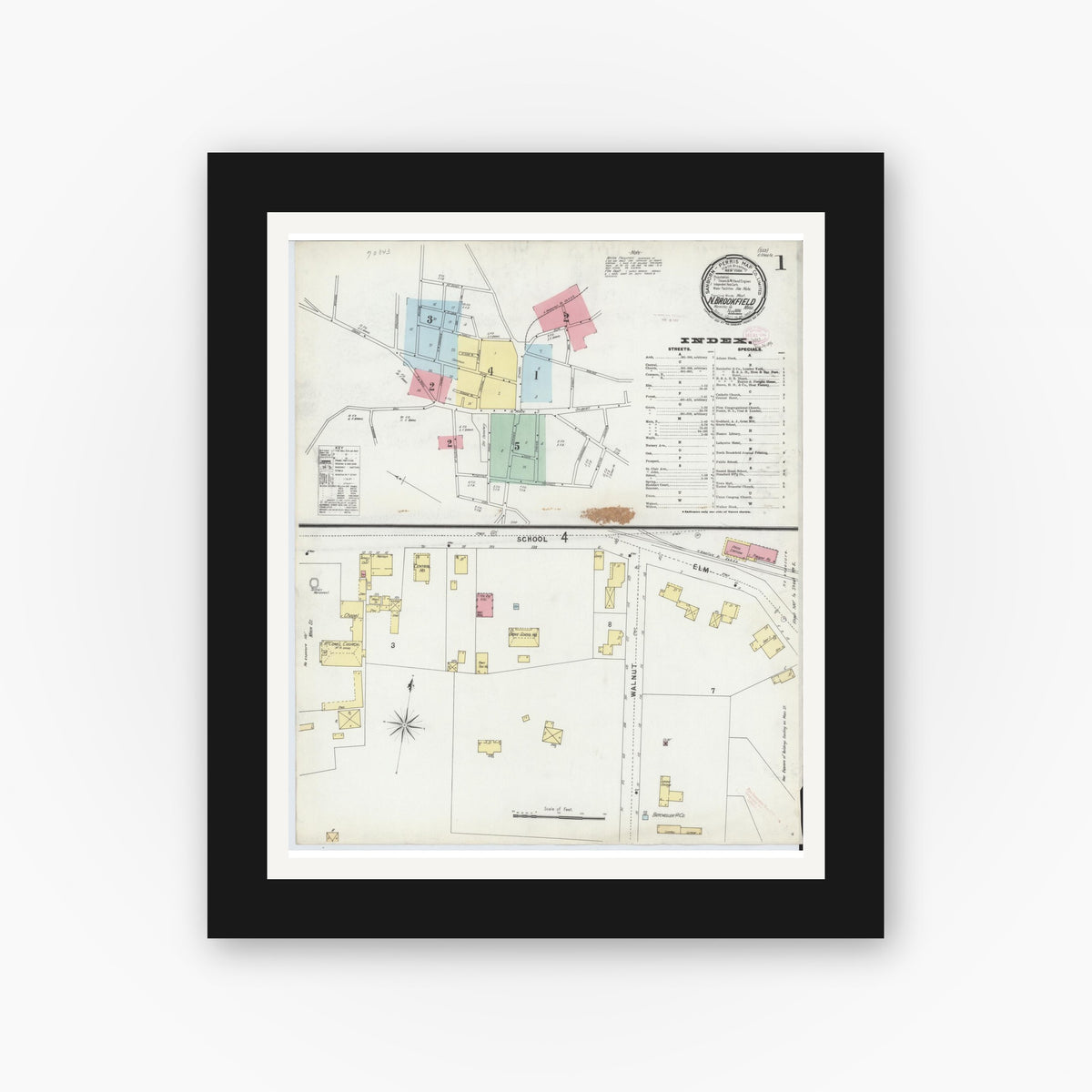 Old map wall art mockup — black gallery frame with white mat — Sanborn Fire Insurance Map from North Brookfield, Worcester County, Massachusetts (1896) - Complete Map Set