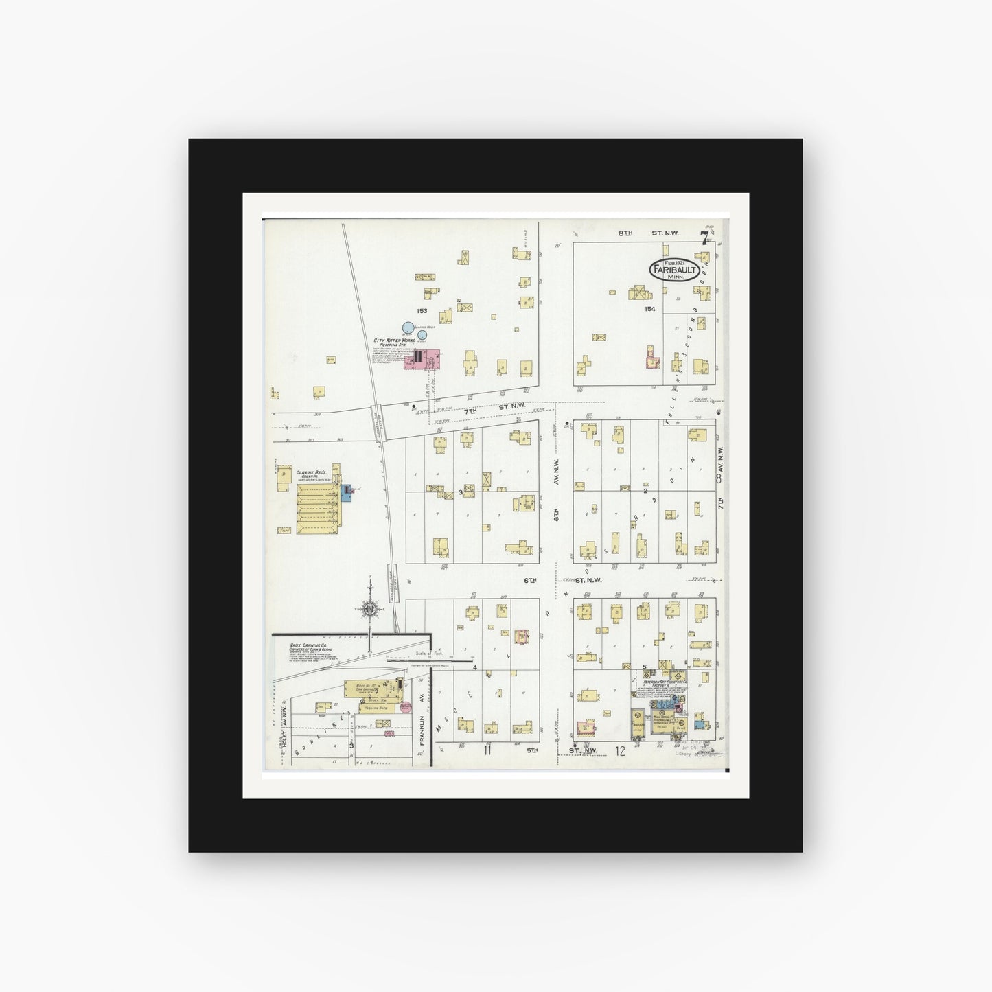 Old map wall art mockup — black gallery frame with white mat — Sanborn Fire Insurance Map from Faribault, Rice County, Minnesota (1921), Sheet #0007