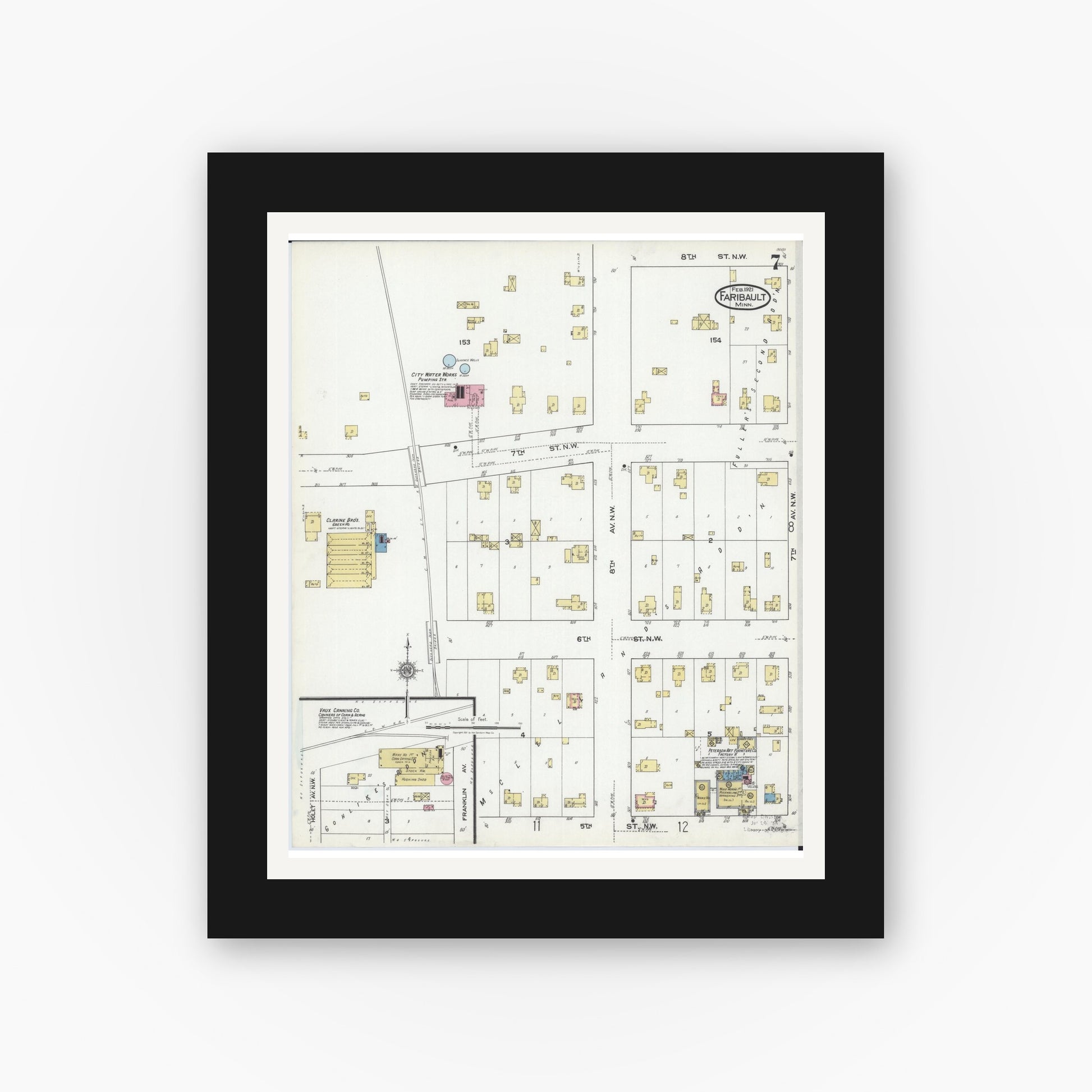 Old map wall art mockup — black gallery frame with white mat — Sanborn Fire Insurance Map from Faribault, Rice County, Minnesota (1921), Sheet #0007