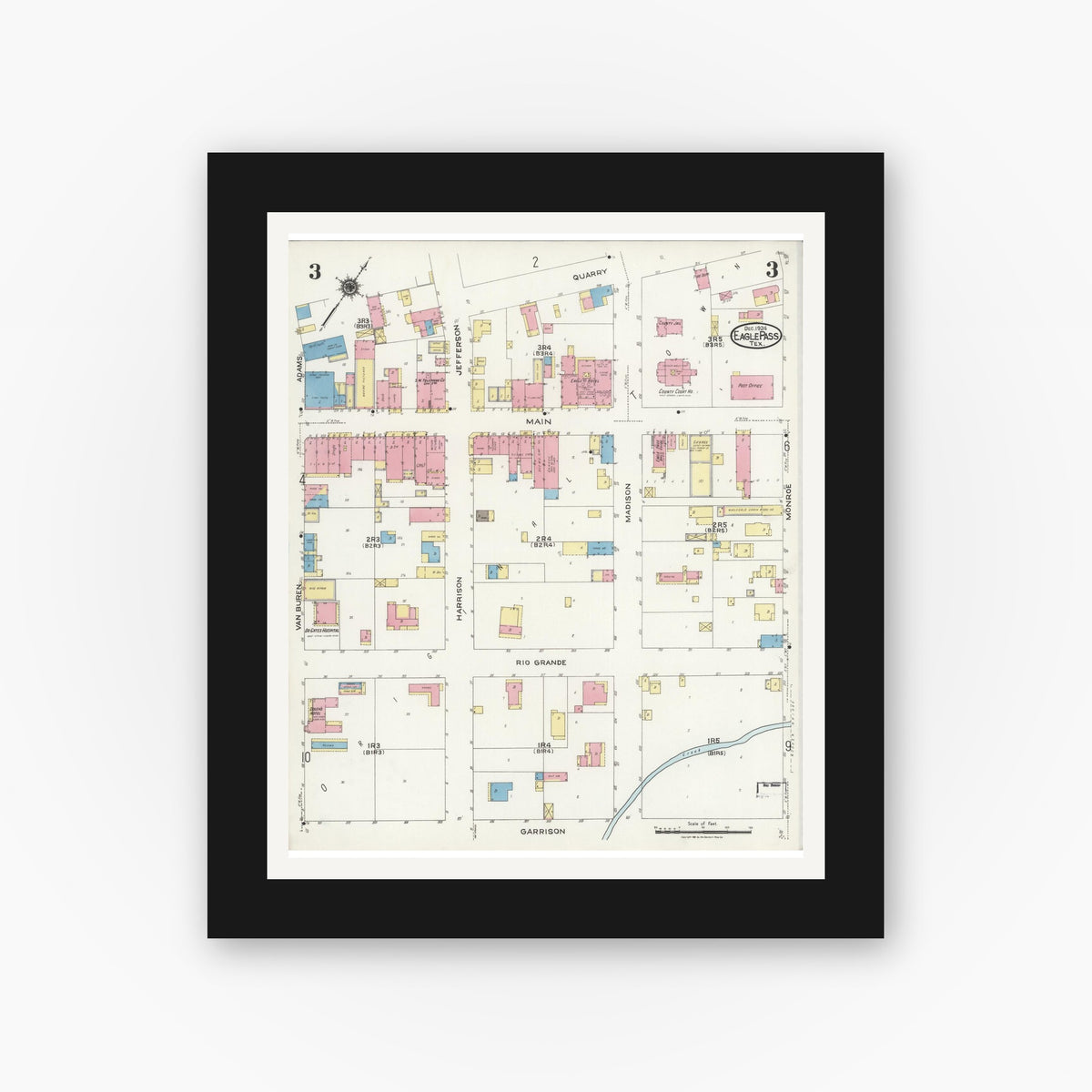 Old map wall art mockup — black gallery frame with white mat — Sanborn Fire Insurance Map from Eagle Pass, Maverick County, Texas (1924), Sheet #0003