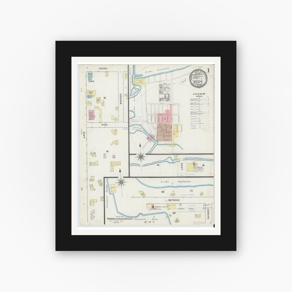 Old map wall art mockup — black gallery frame with white mat — Sanborn Fire Insurance Map from Wilson, Niagara County, New York (1891), Sheet #0001