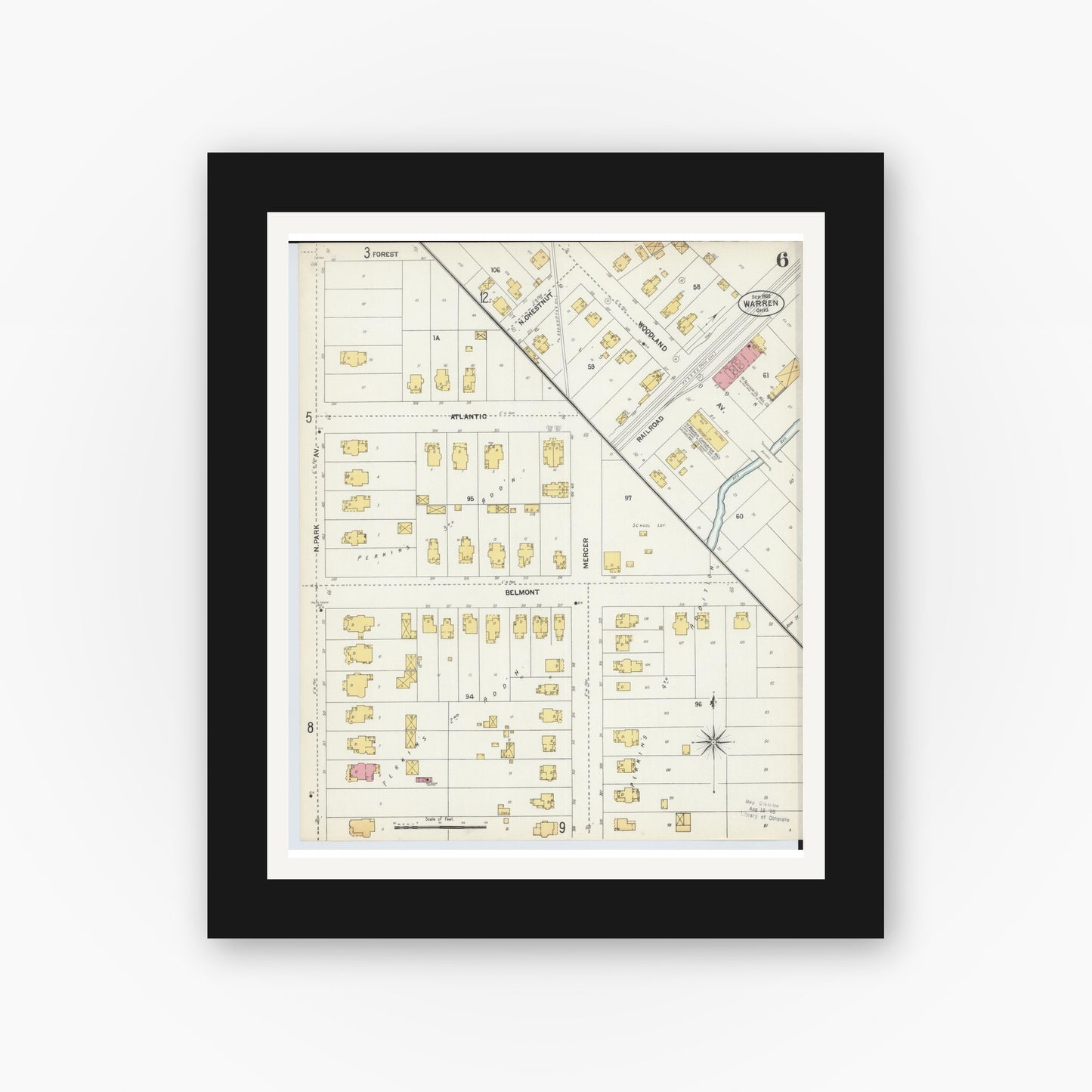Old map wall art mockup — black gallery frame with white mat — Sanborn Fire Insurance Map from Warren, Trumbull County, Ohio (1902), Sheet #0006
