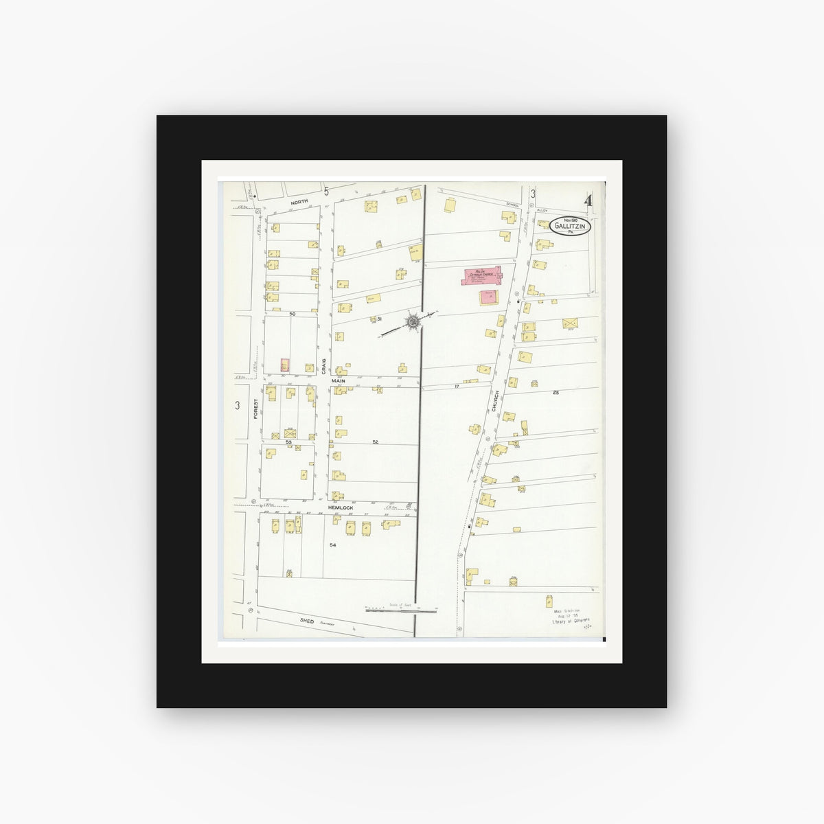 Old map wall art mockup — black gallery frame with white mat — Sanborn Fire Insurance Map from Gallitzin, Cambria County, Pennsylvania (1910), Sheet #0004