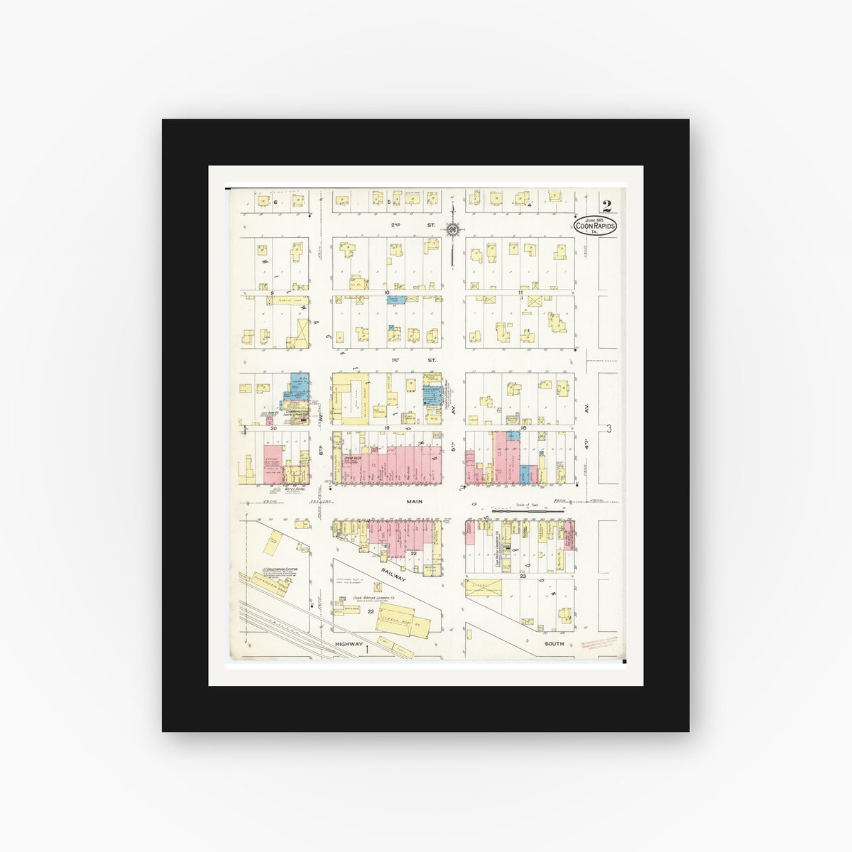 Old map wall art mockup — black gallery frame with white mat — Sanborn Fire Insurance Map from Coon Rapids, Carroll County, Iowa (1915), Sheet #0002