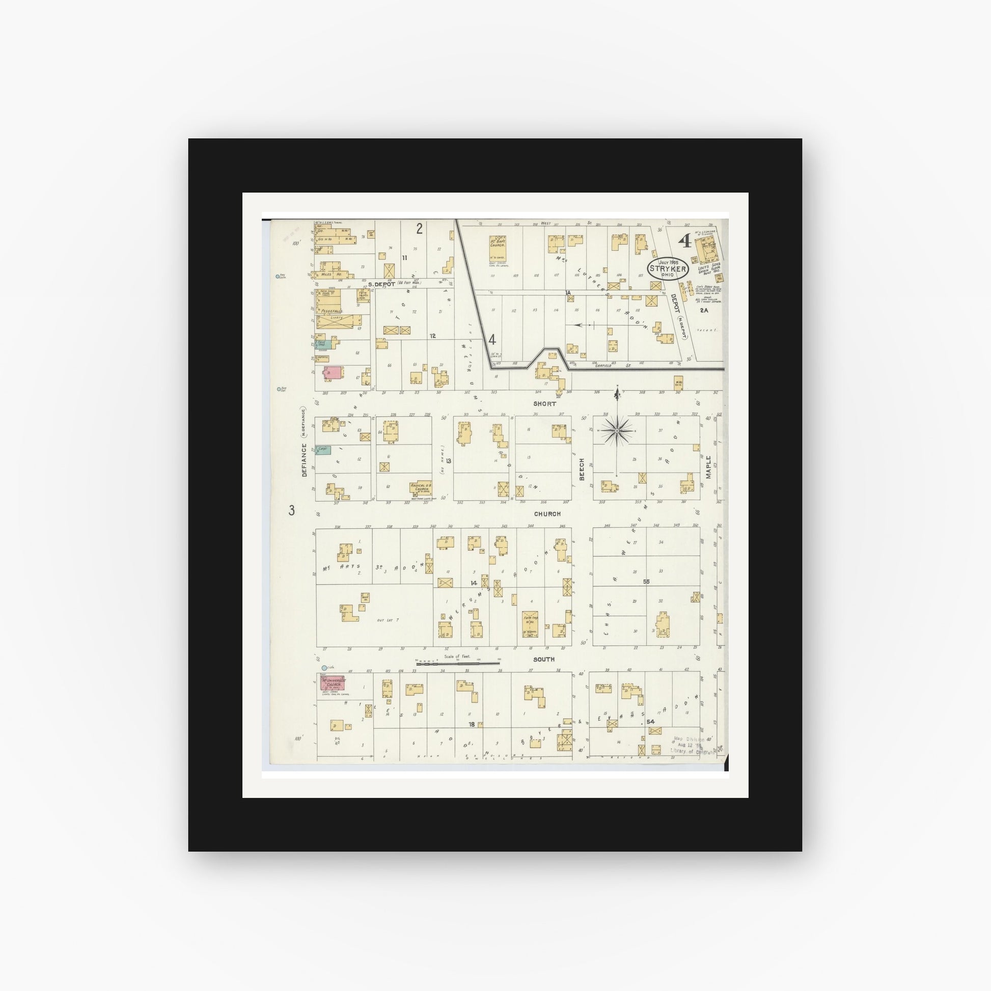 Old map wall art mockup — black gallery frame with white mat — Sanborn Fire Insurance Map from Stryker, Williams County, Ohio (1905), Sheet #0004